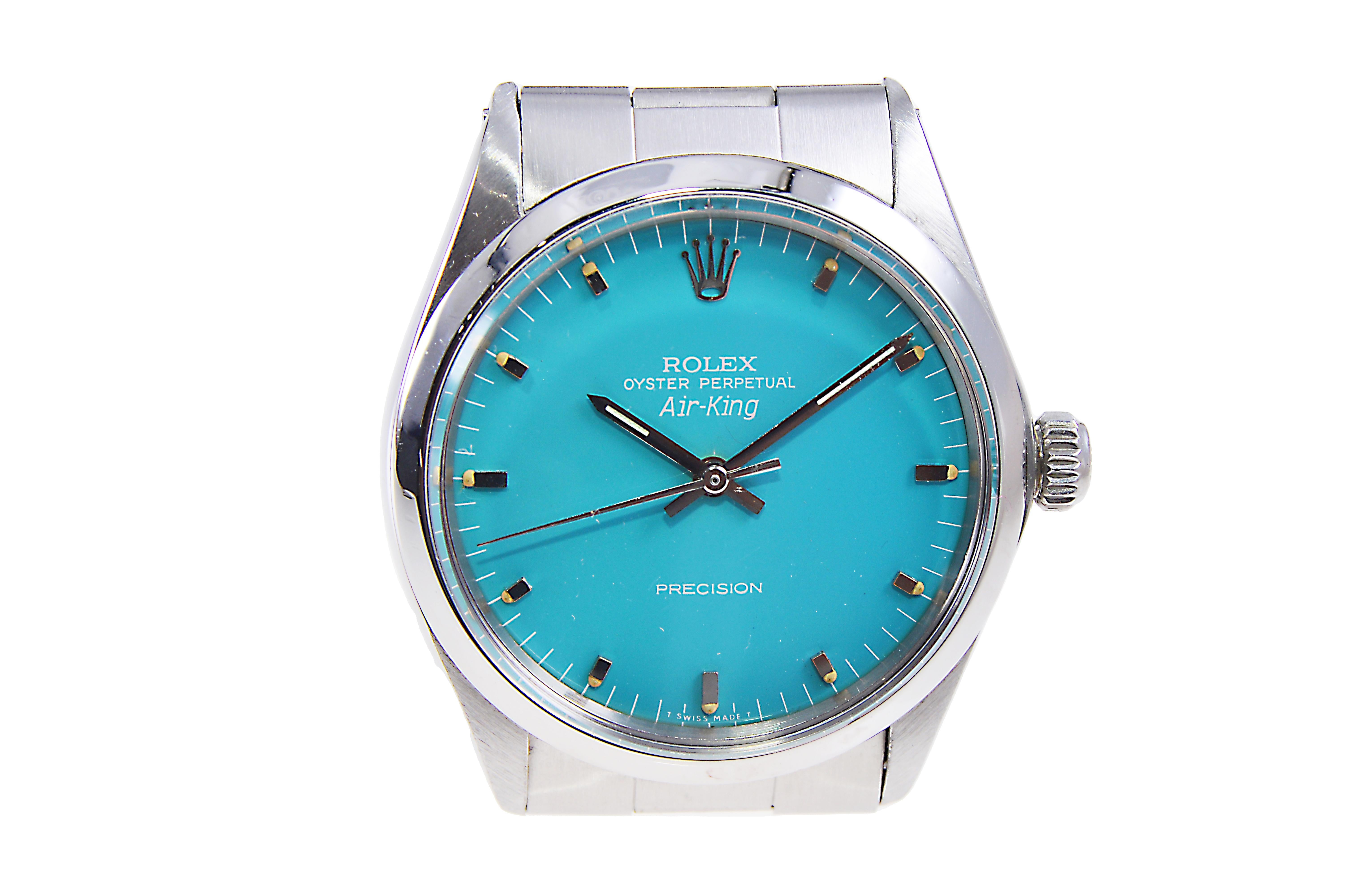 Rolex Stainless Steel Air King with Custom Made Sky Blue Dial from Mid-1970's For Sale 1