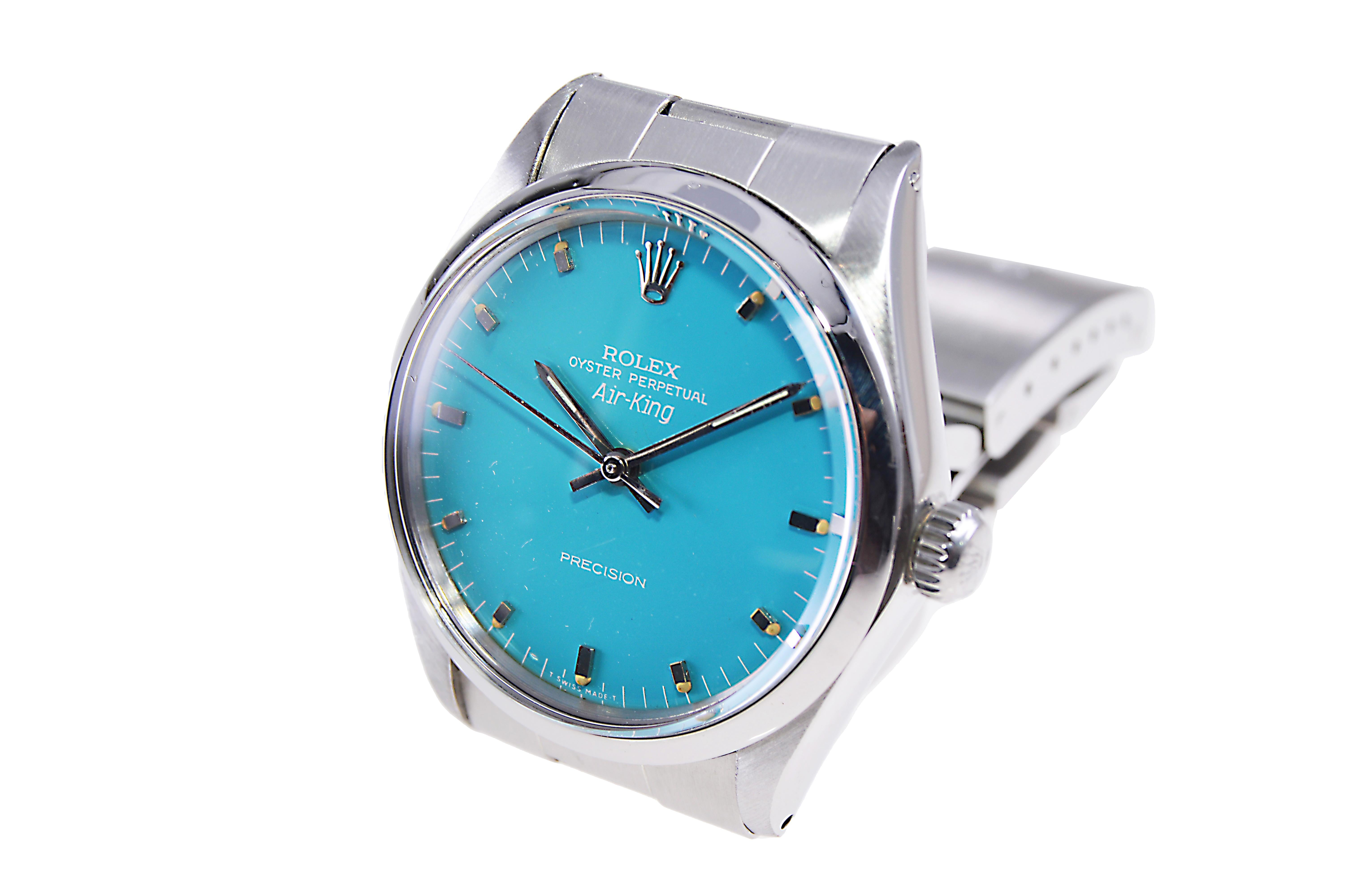 Rolex Stainless Steel Air King with Custom Made Sky Blue Dial from Mid-1970's For Sale 2