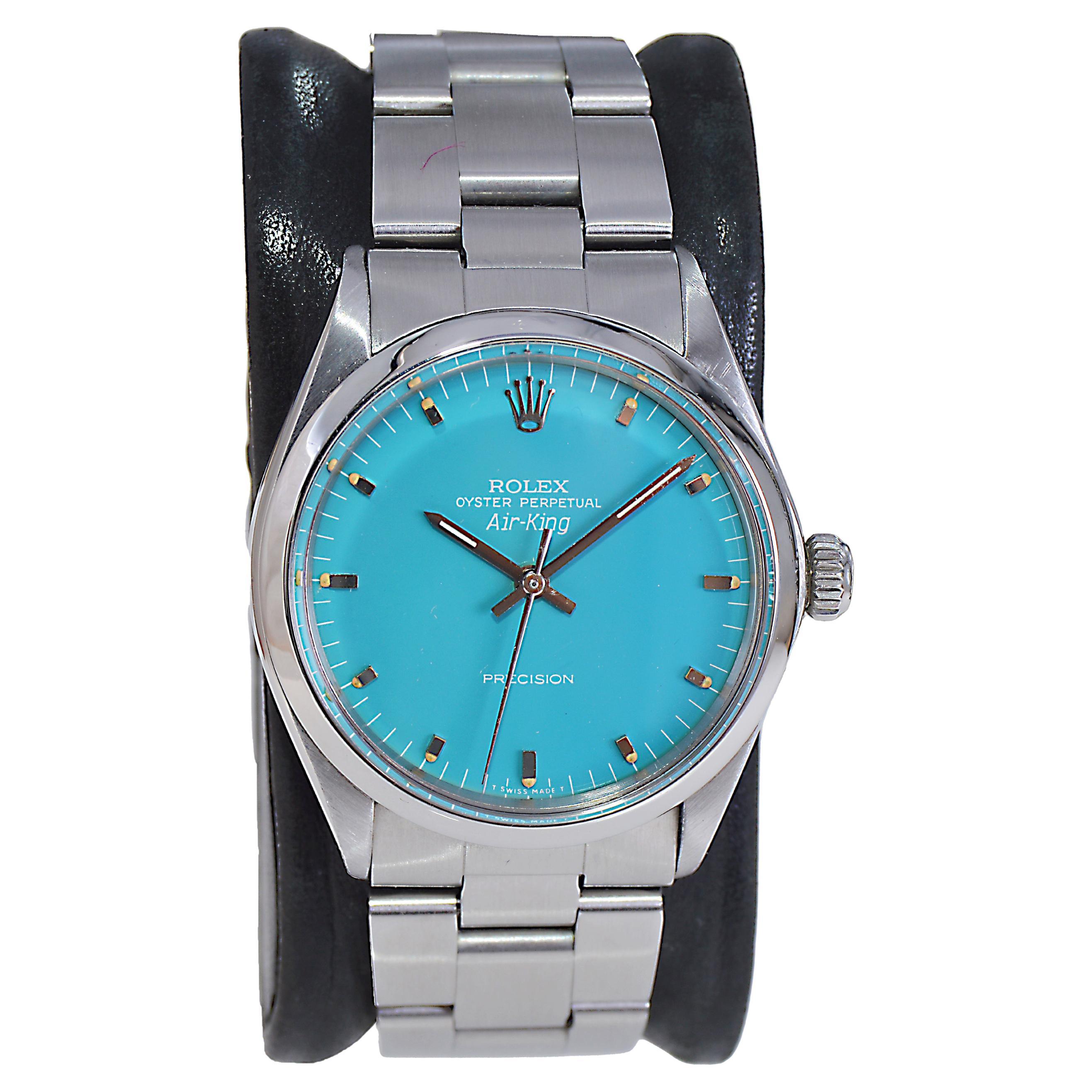 Rolex Stainless Steel Air King with Custom Made Sky Blue Dial from Mid-1970's For Sale