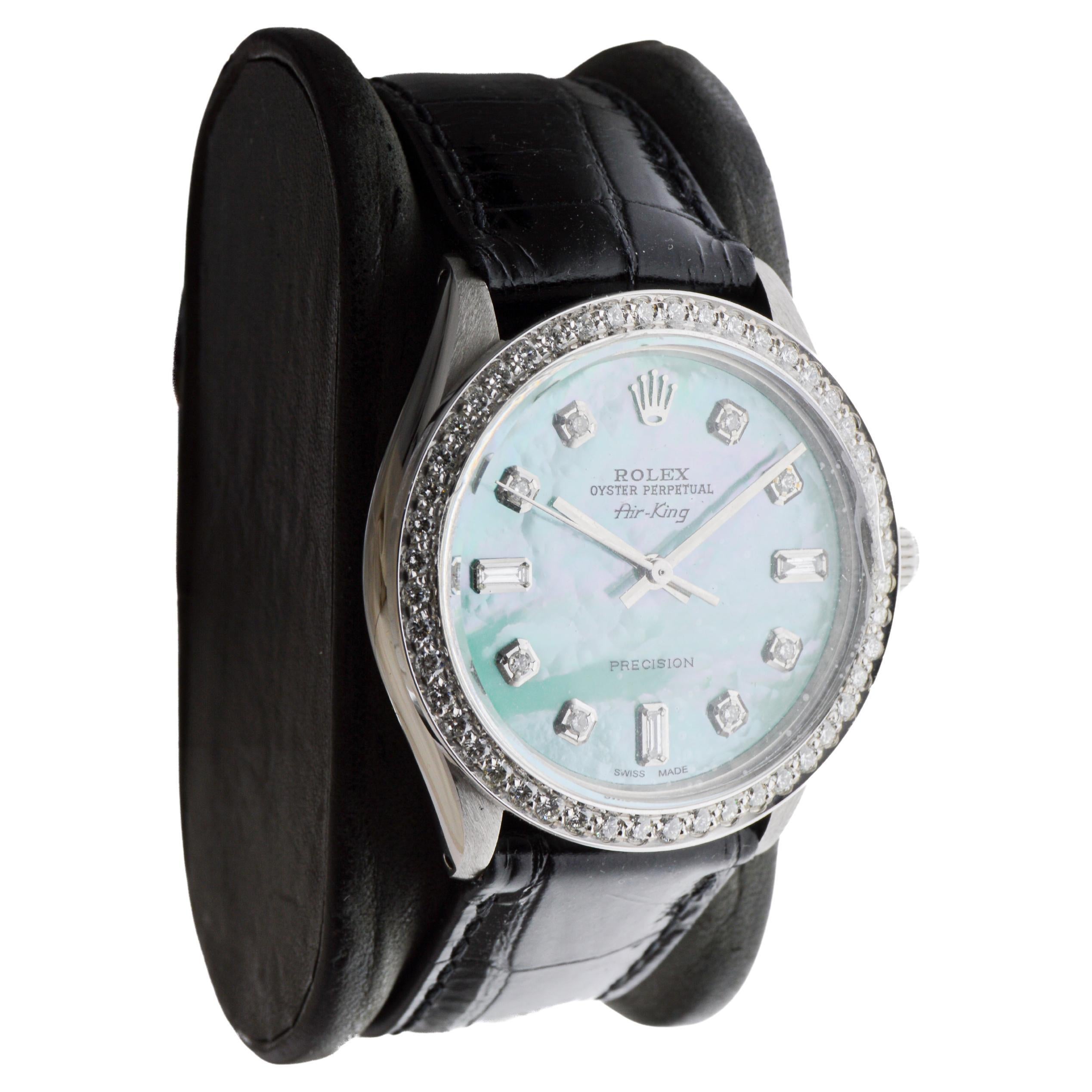 Rolex Edelstahl Air King mit benutzerdefiniertem M.O.P. Blaues Zifferblatt um 1970 (Moderne) im Angebot