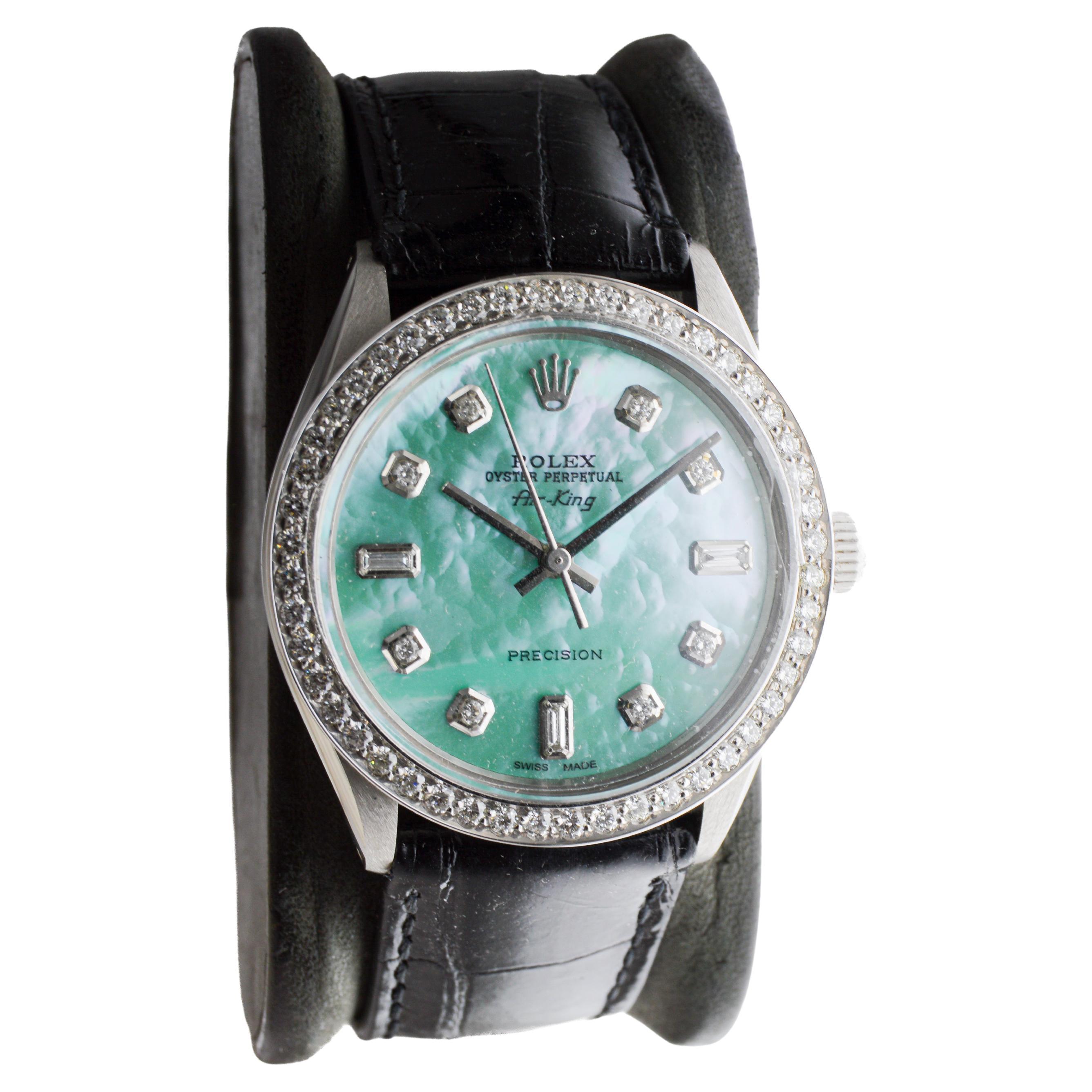 Rolex Edelstahl Air King mit benutzerdefiniertem M.O.P. Blaues Zifferblatt um 1970 im Zustand „Hervorragend“ im Angebot in Long Beach, CA