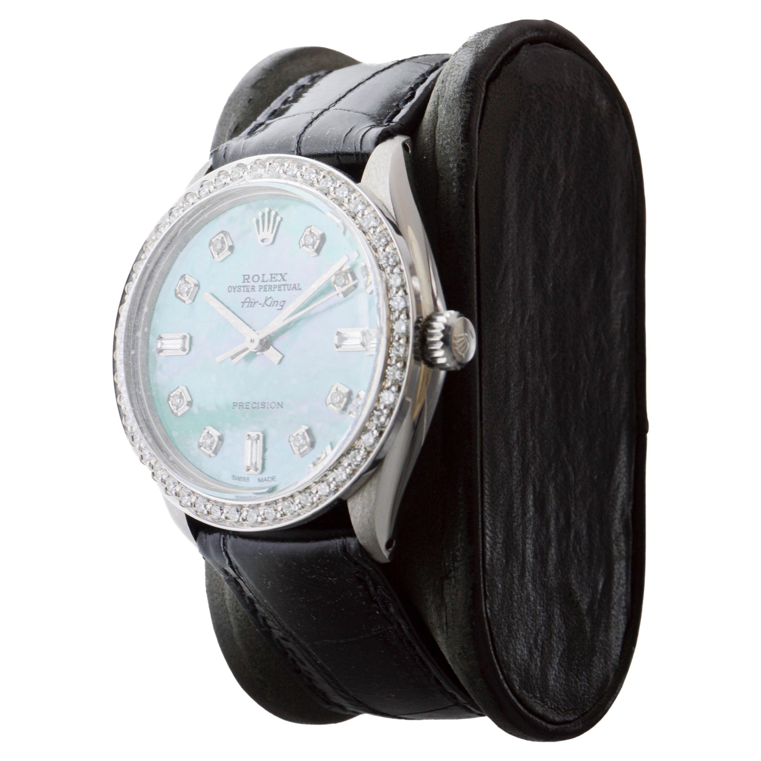 Rolex Edelstahl Air King mit benutzerdefiniertem M.O.P. Blaues Zifferblatt um 1970 im Angebot 3