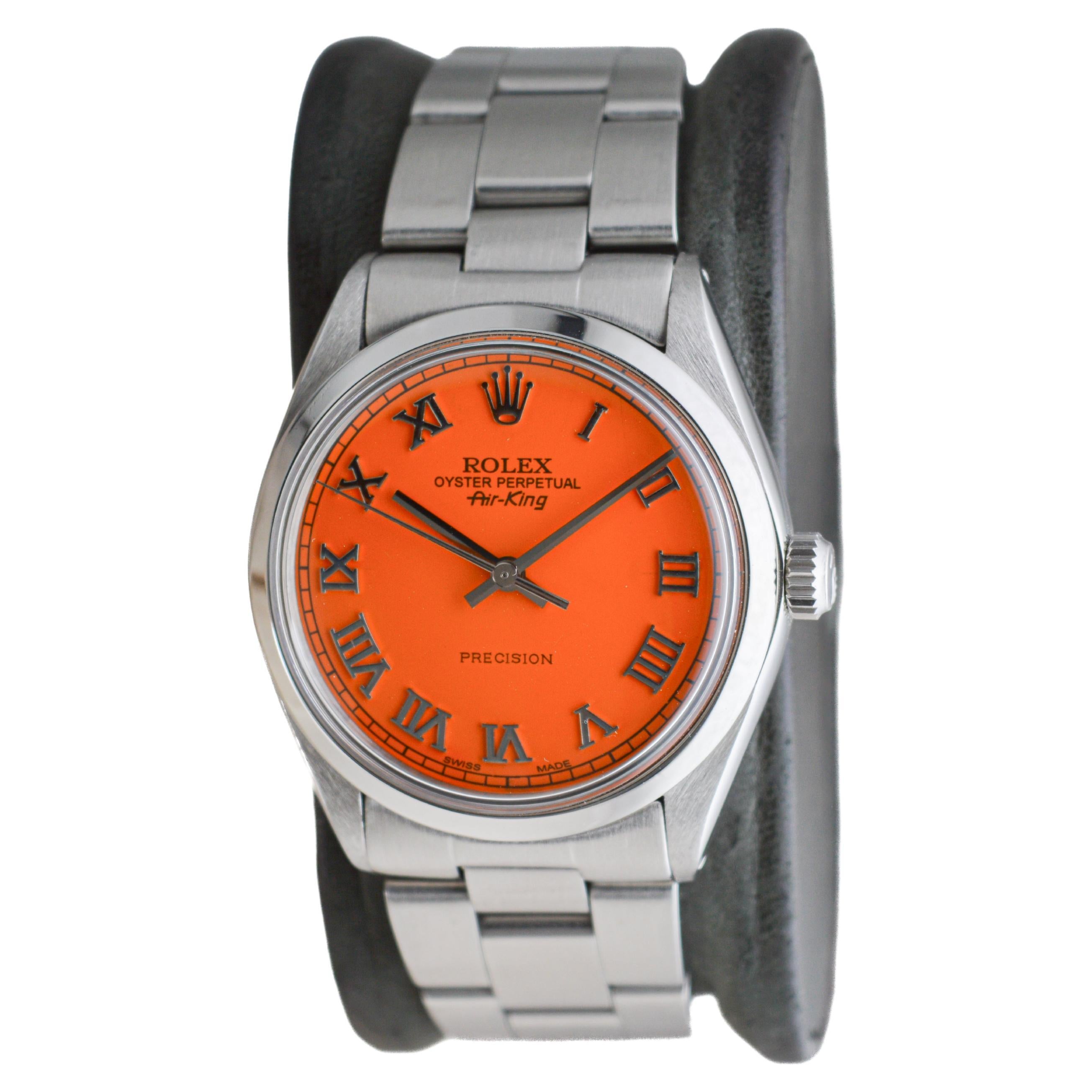 Rolex Air King en acier inoxydable avec cadran orange personnalisé circa 1970's en vente 1