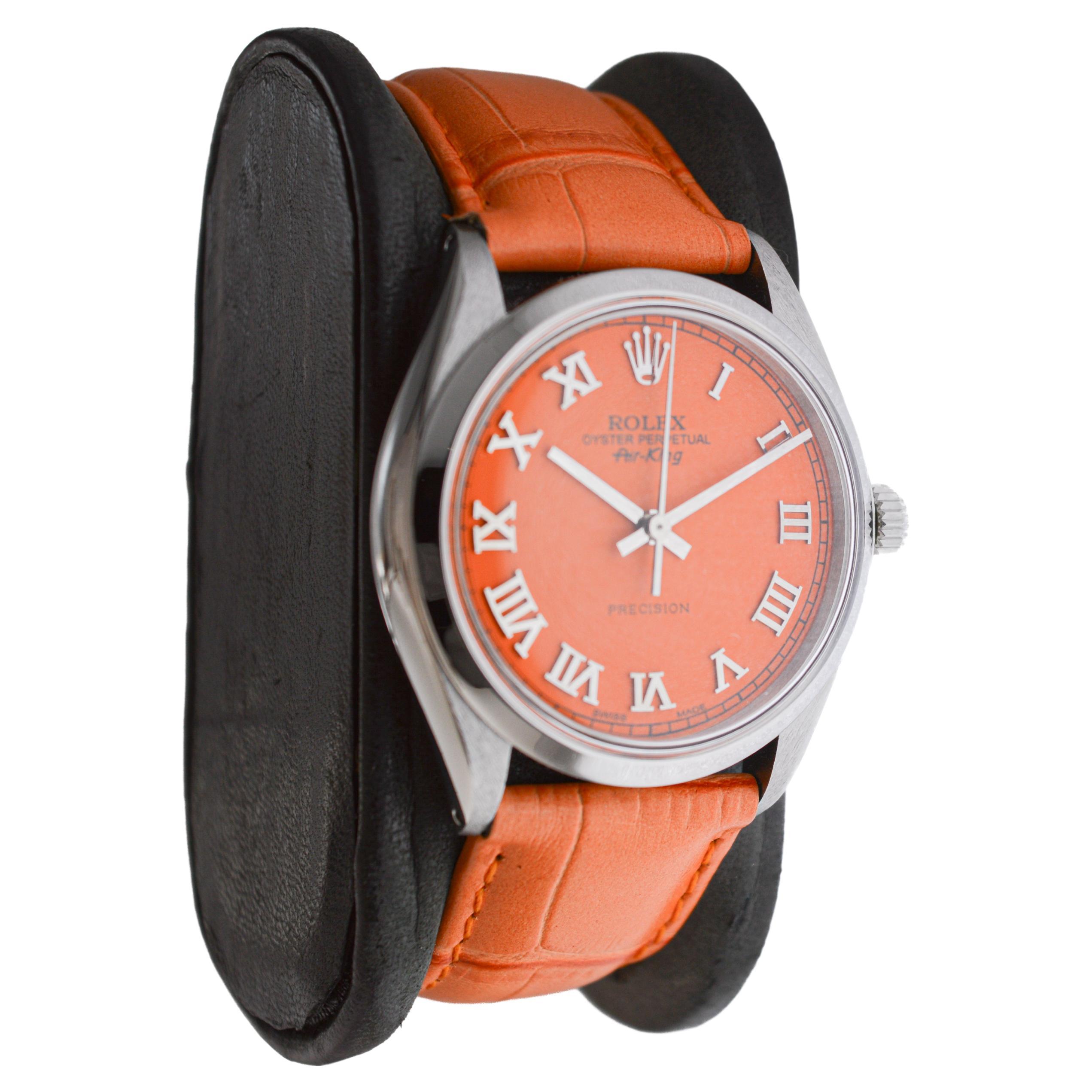 Moderne Rolex Air King en acier inoxydable avec cadran orange personnalisé, circa 1970's en vente