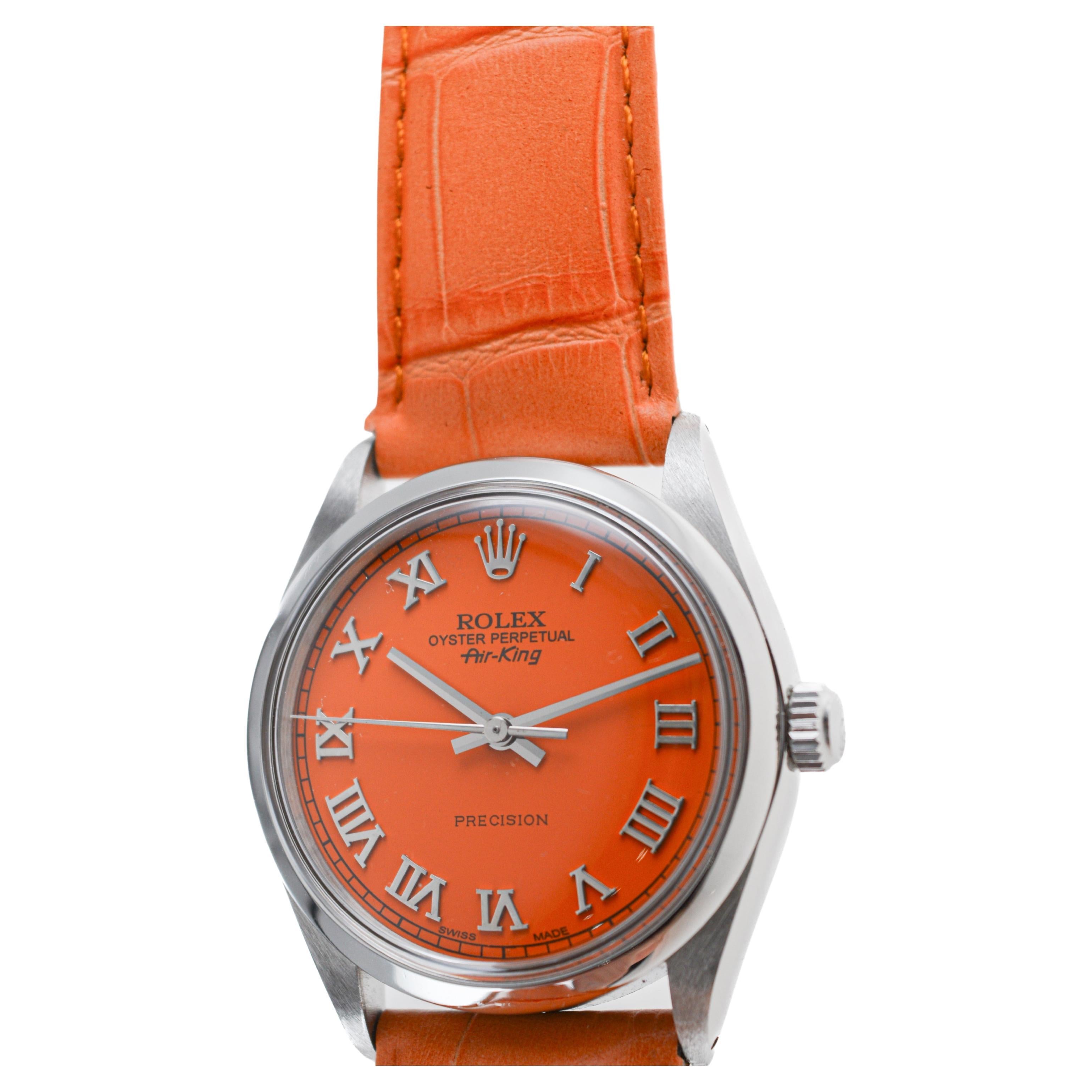 Rolex Air King en acier inoxydable avec cadran orange personnalisé, circa 1970's en vente 1