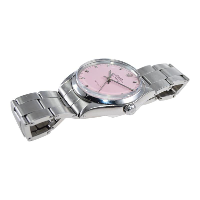 Rolex Stainless Steel Air King with Custom Pink Dial, Circa 1970's For Sale 6