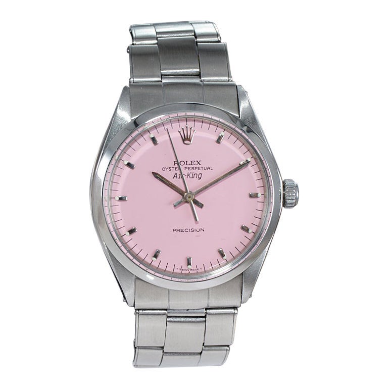 Rolex Air King in acciaio inossidabile con quadrante rosa personalizzato, circa anni '70