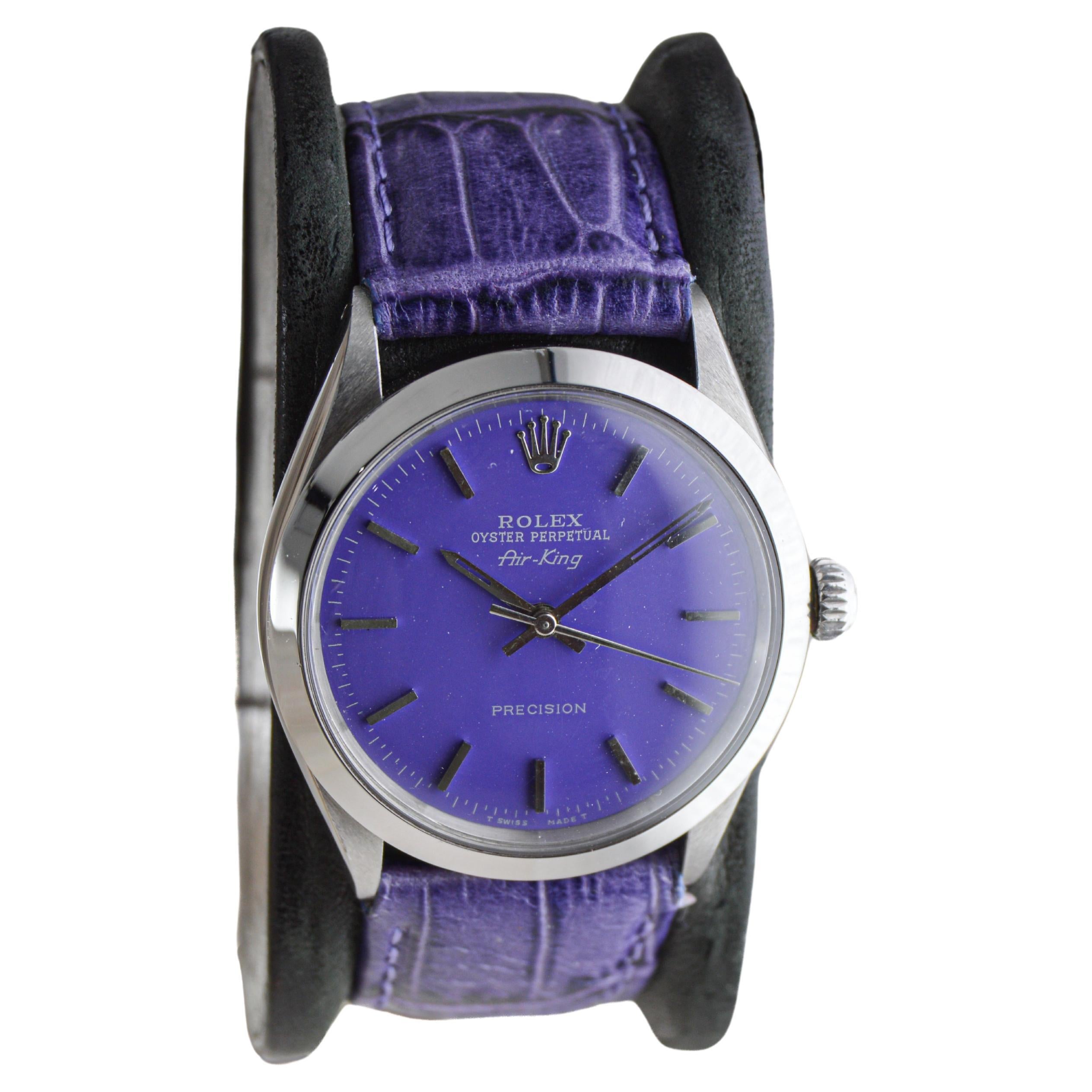 Modern Rolex Stainless Steel Air King With Custom Purple Dial circa, 1960's For Sale