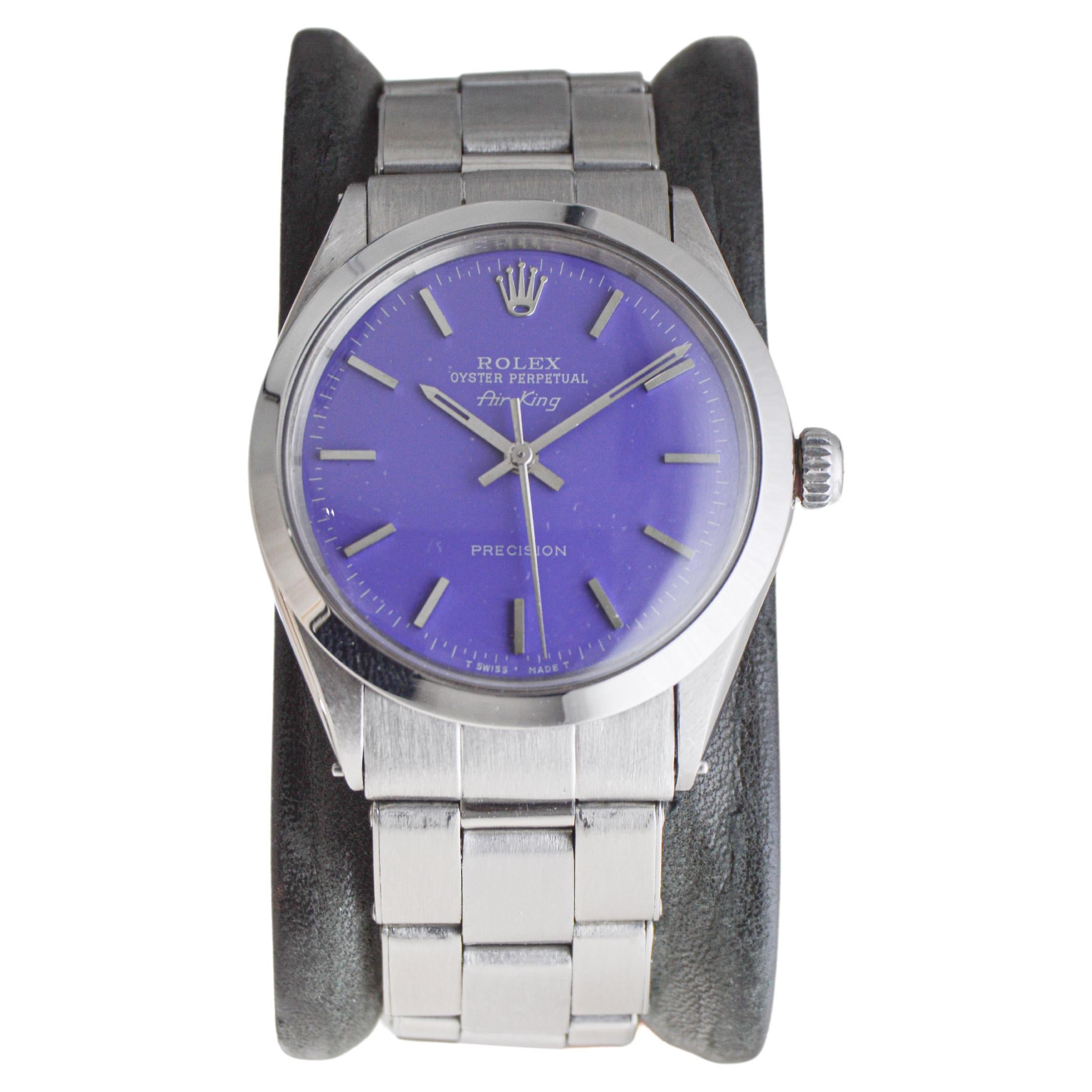 Modern Rolex Stainless Steel Air King With Custom Purple Dial circa, 1960's For Sale