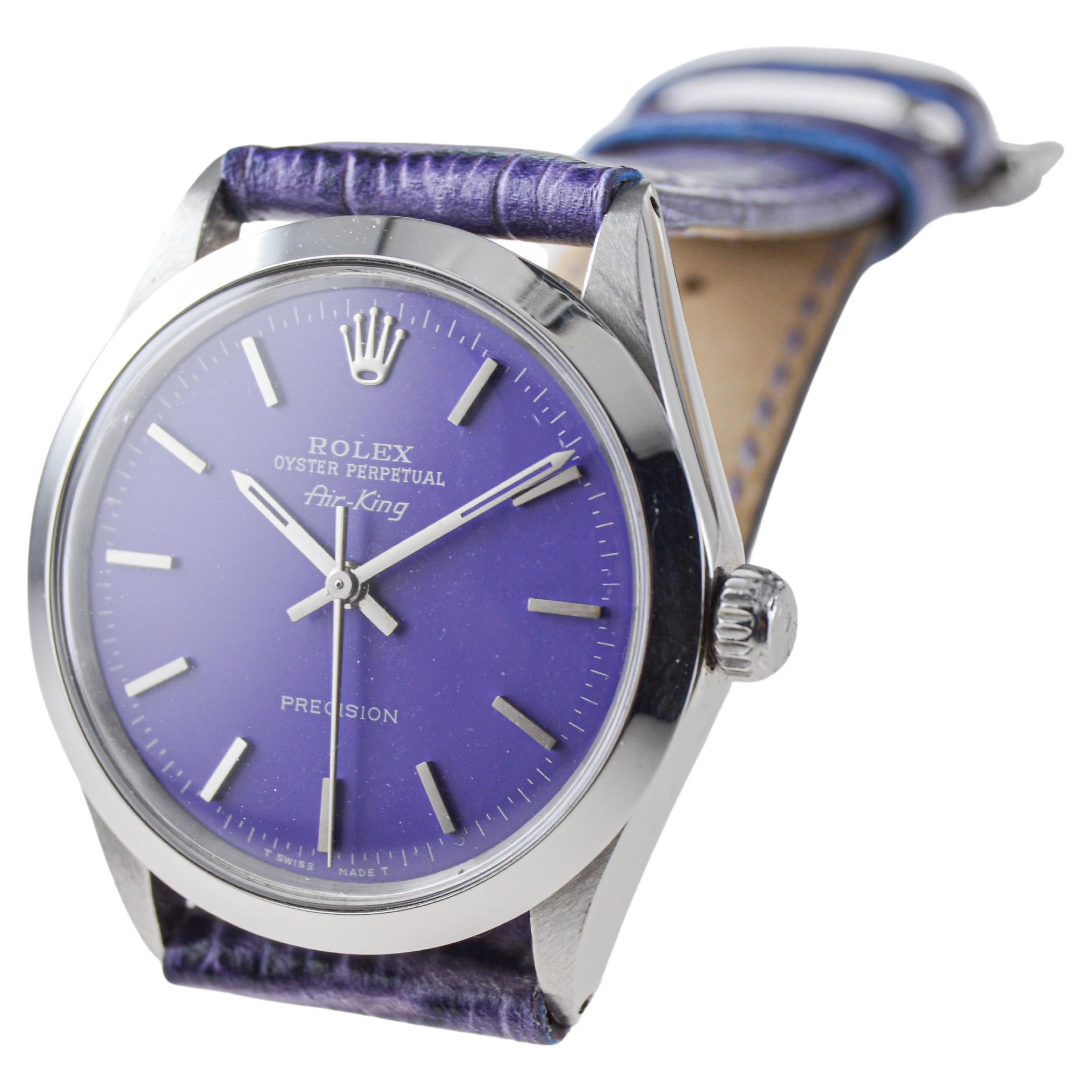 Rolex Stainless Steel Air King With Custom Purple Dial circa, 1960's For Sale 4