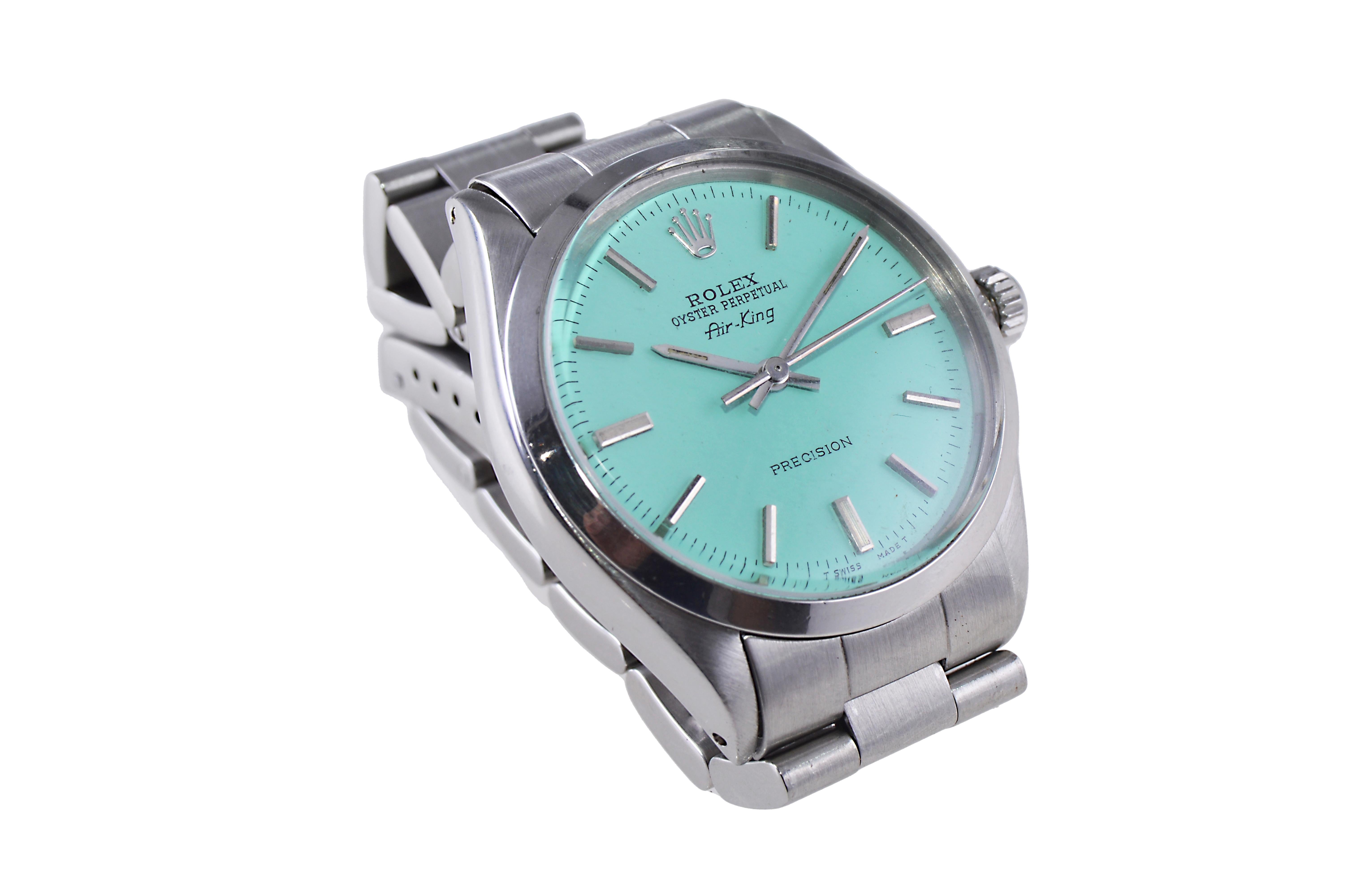 Modern Rolex Stainless Steel Air King with Custom Tiffany Blue Dial 1970s For Sale