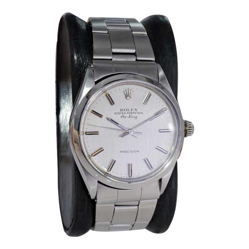 Rolex Montre Air King en acier avec cadran d'origine en argent grainé satiné, années 1970 Excellent état - En vente à Long Beach, CA