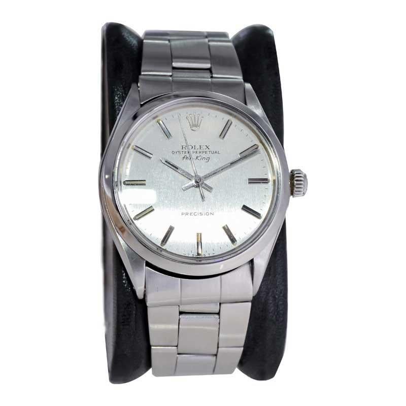 Modern Rolex Steel Air King with Rare Original Satin Grained Silver Dial, 1970's For Sale