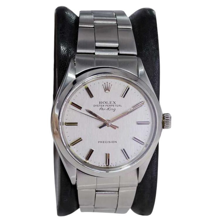 Rolex Steel Air King with Rare Original Satin Grained Silver Dial, 1970's For Sale