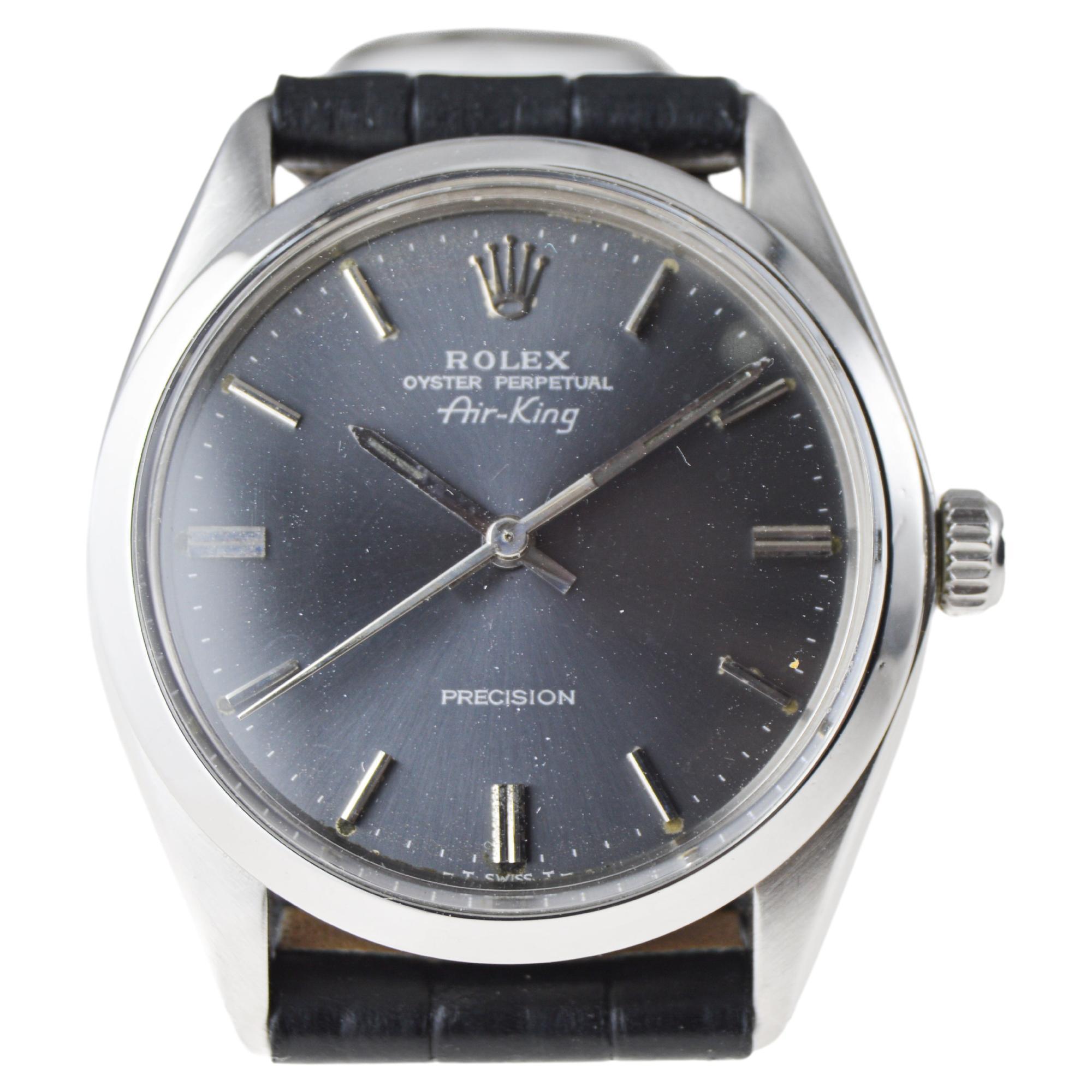 Rolex Stainless Steel Air King with Original Patinated Charcoal Dial from 1970's For Sale 2