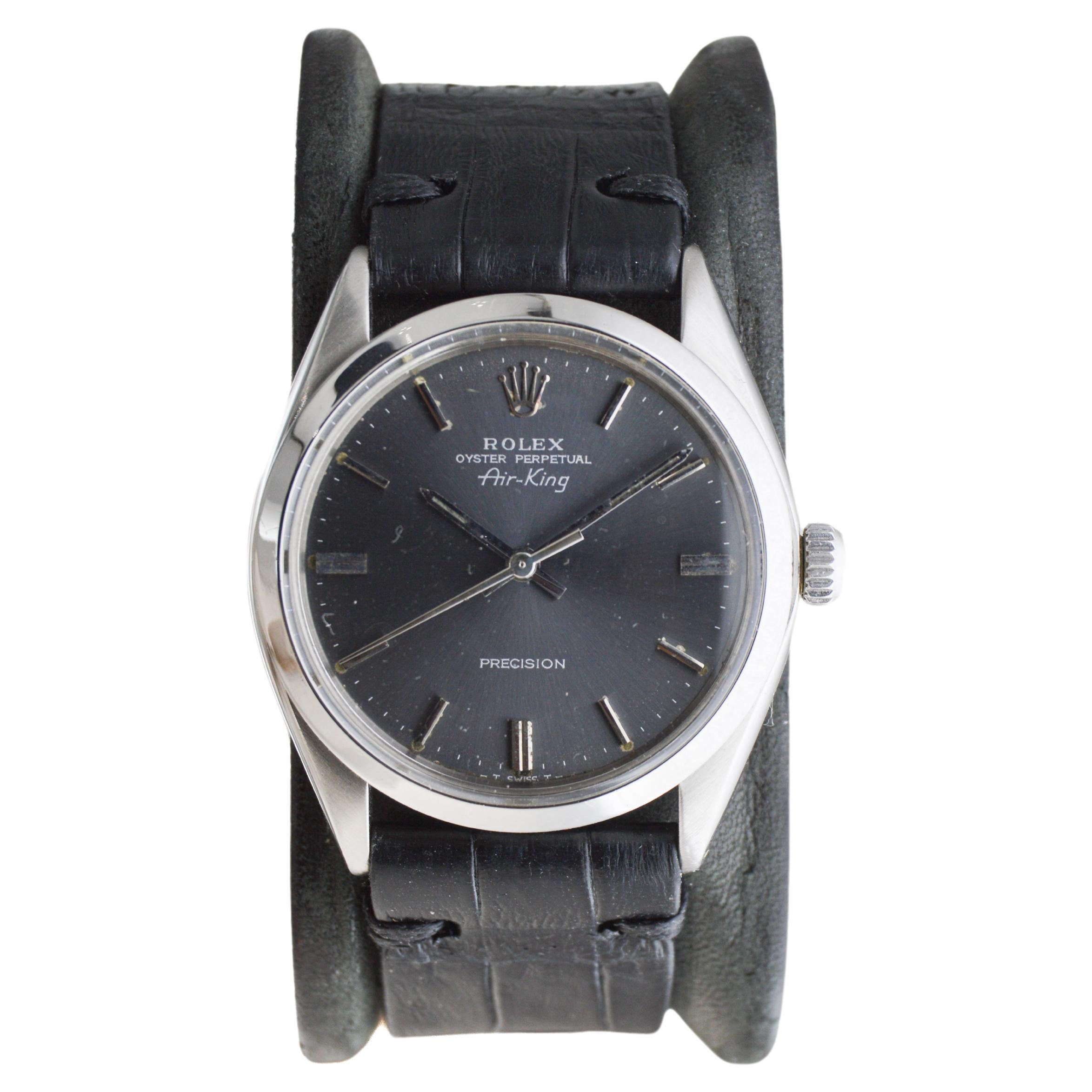 Rolex Stainless Steel Air King with Original Patinated Charcoal Dial from 1970's For Sale