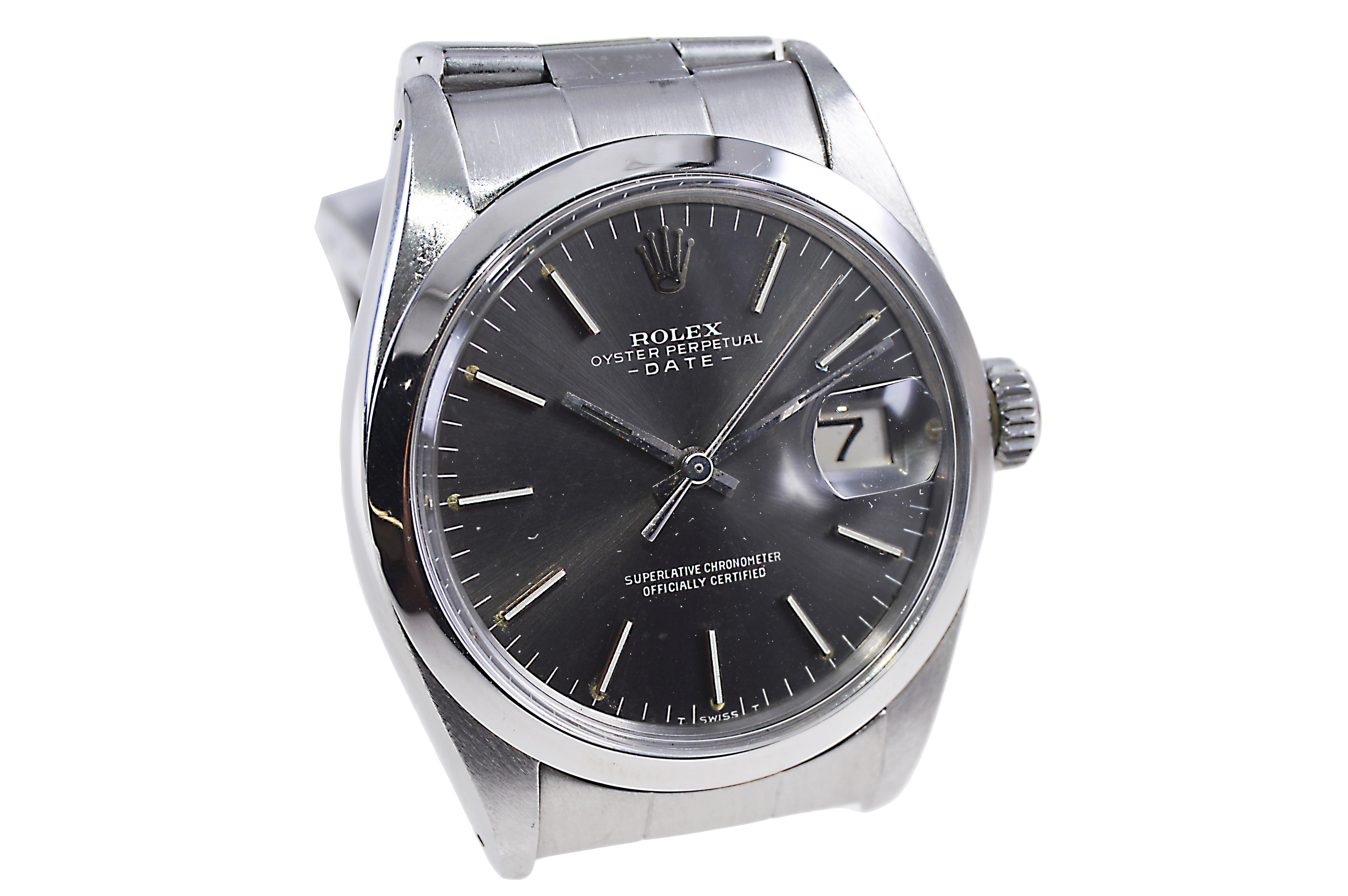 Modern Rolex Steel Oyster Perpetual Date with Original Steel Blue Dial circa, 1970's For Sale