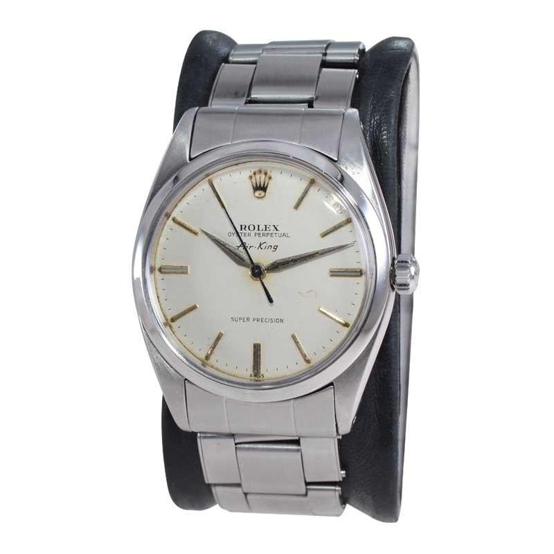 FACTORY / HOUSE: Rolex Watch Company
STYLE / REFERENCE: Air King / Reference 5504
METAL / MATERIAL: Stainless Steel
CIRCA / YEAR: Late 1959
DIMENSIONS / SIZE: Length 43mm x Diameter 36mm
MOVEMENT / CALIBER: Perpetual Winding / 25 Jewels / Caliber