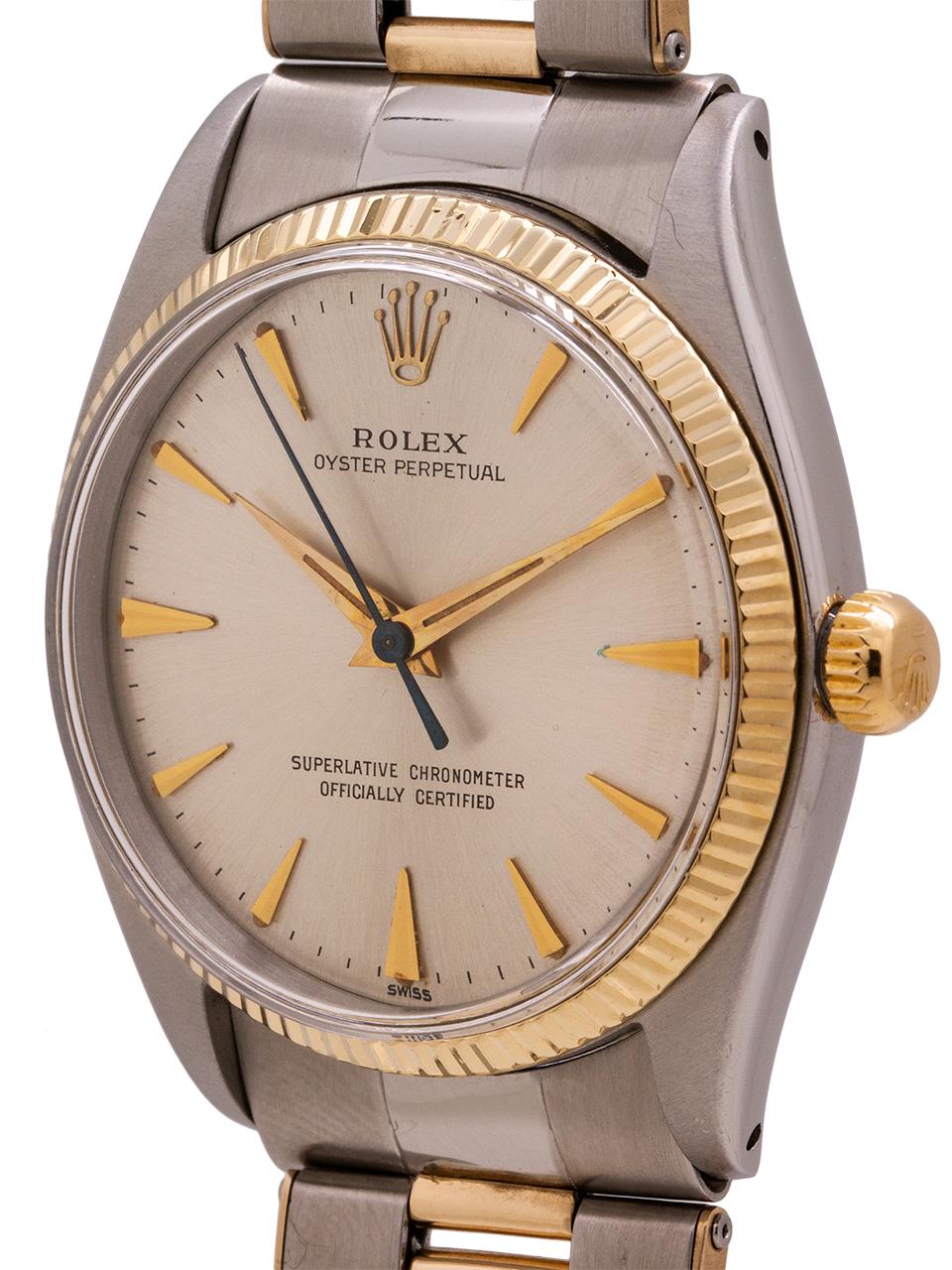 Rolex Stainless Steel and 14 Karat Yellow Gold Oyster Perpetual Watch Ref 1005 In Excellent Condition In West Hollywood, CA
