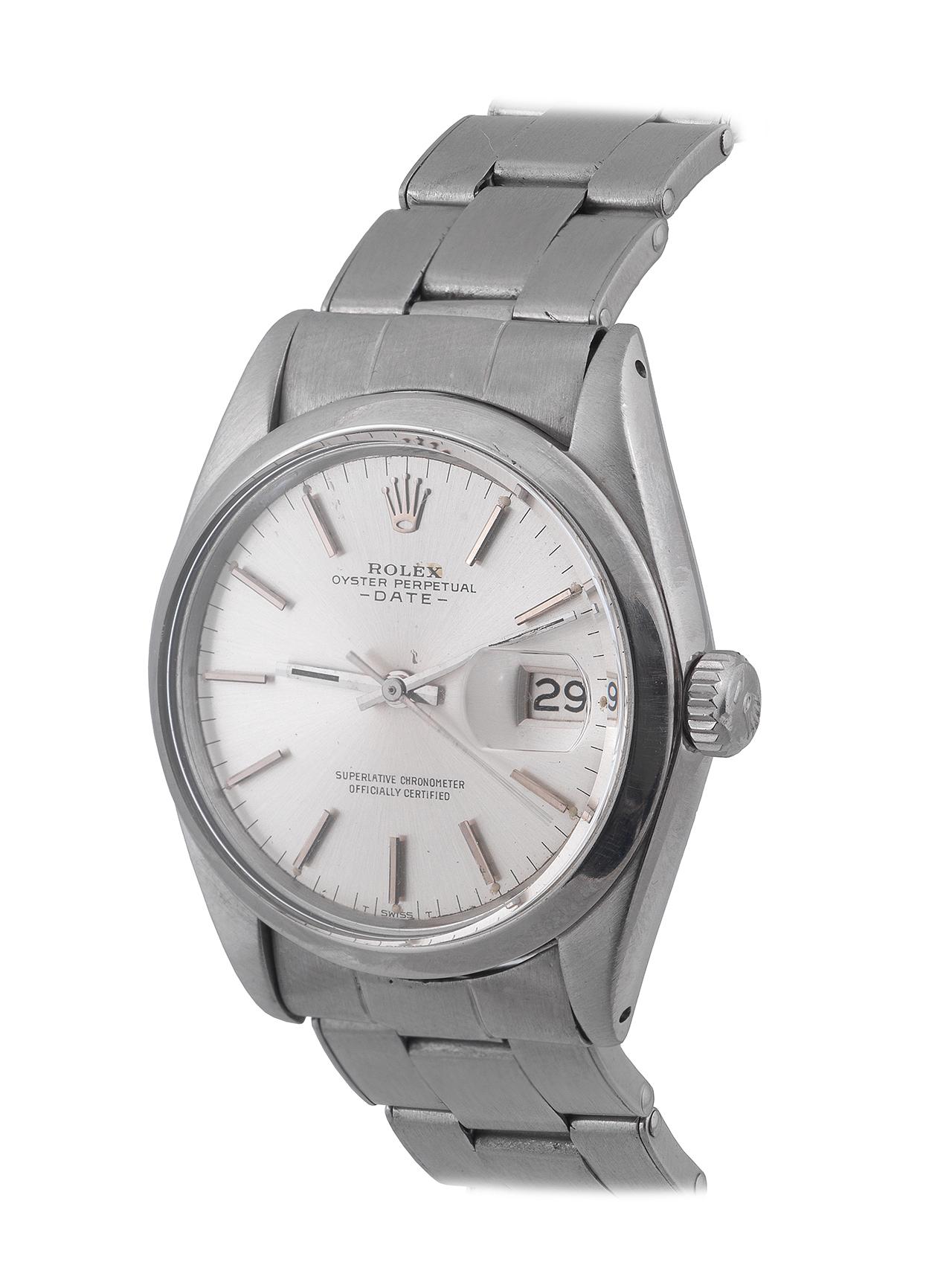 BERNARDO ANTICHITÀ PONTE VECCHIO FLORENCE

Signed ROLEX, OYSTER PERPETUAL, DATE, REF. 1500, Case  NO. 2.5XX.XXX, CIRCA 1971
Cal. 1570 nickel-finished lever movement, 26 jewels, silvered sunburst dial, applied baton numerals and luminous accents,