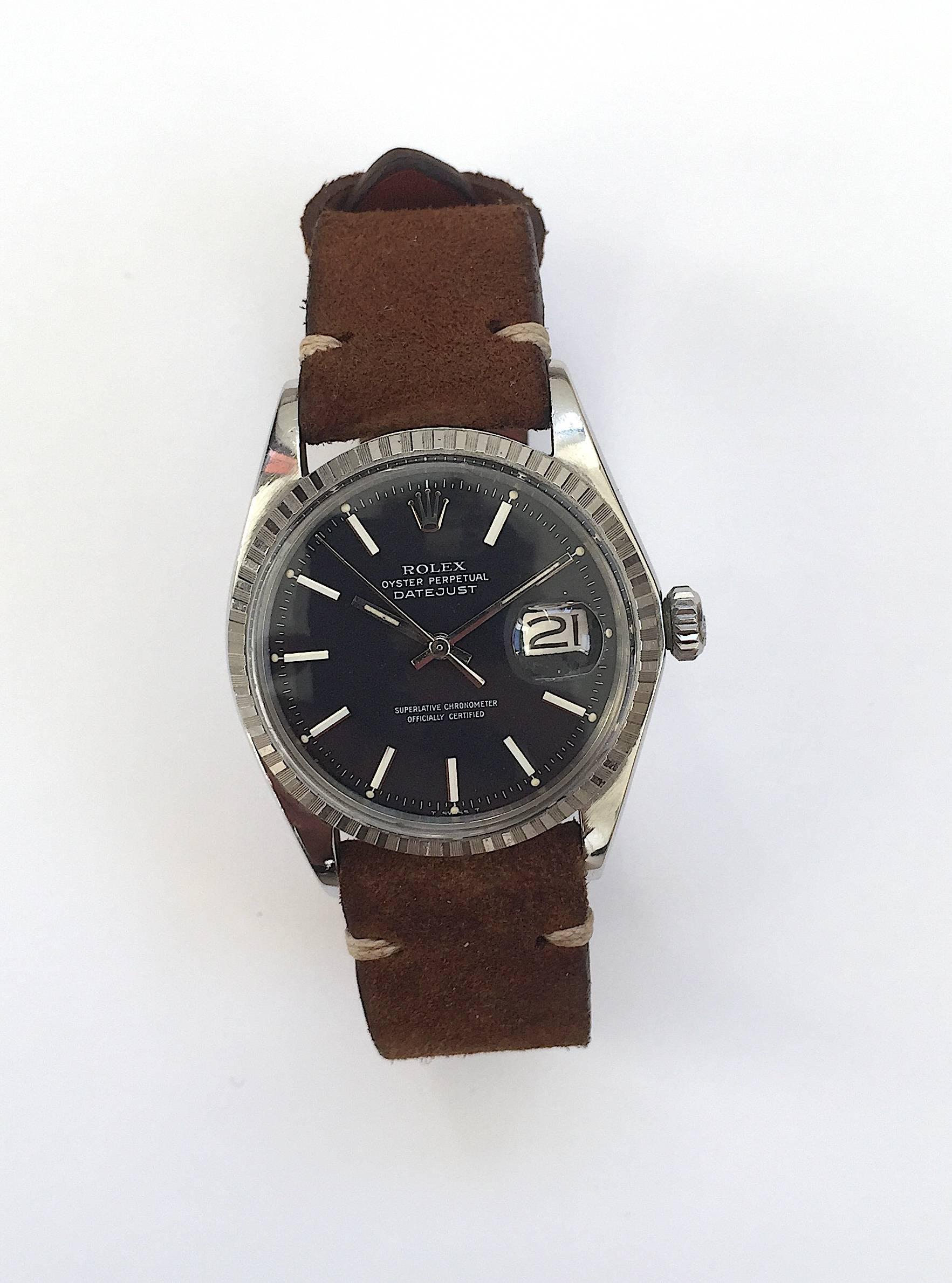 Rolex Stainless Steel Black Dial Oyster Perpetual Datejust Wristwatch, 1970s In Excellent Condition In New York, NY