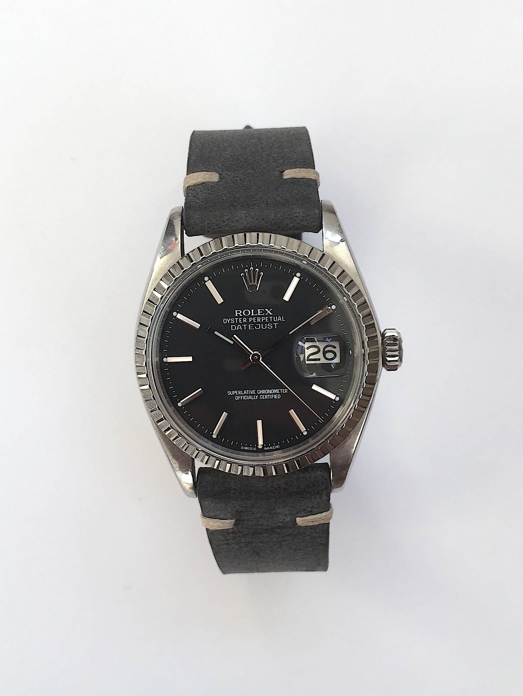 Rolex Stainless Steel Black Dial Oyster Perpetual Datejust Wristwatch, 1970s In Excellent Condition In New York, NY