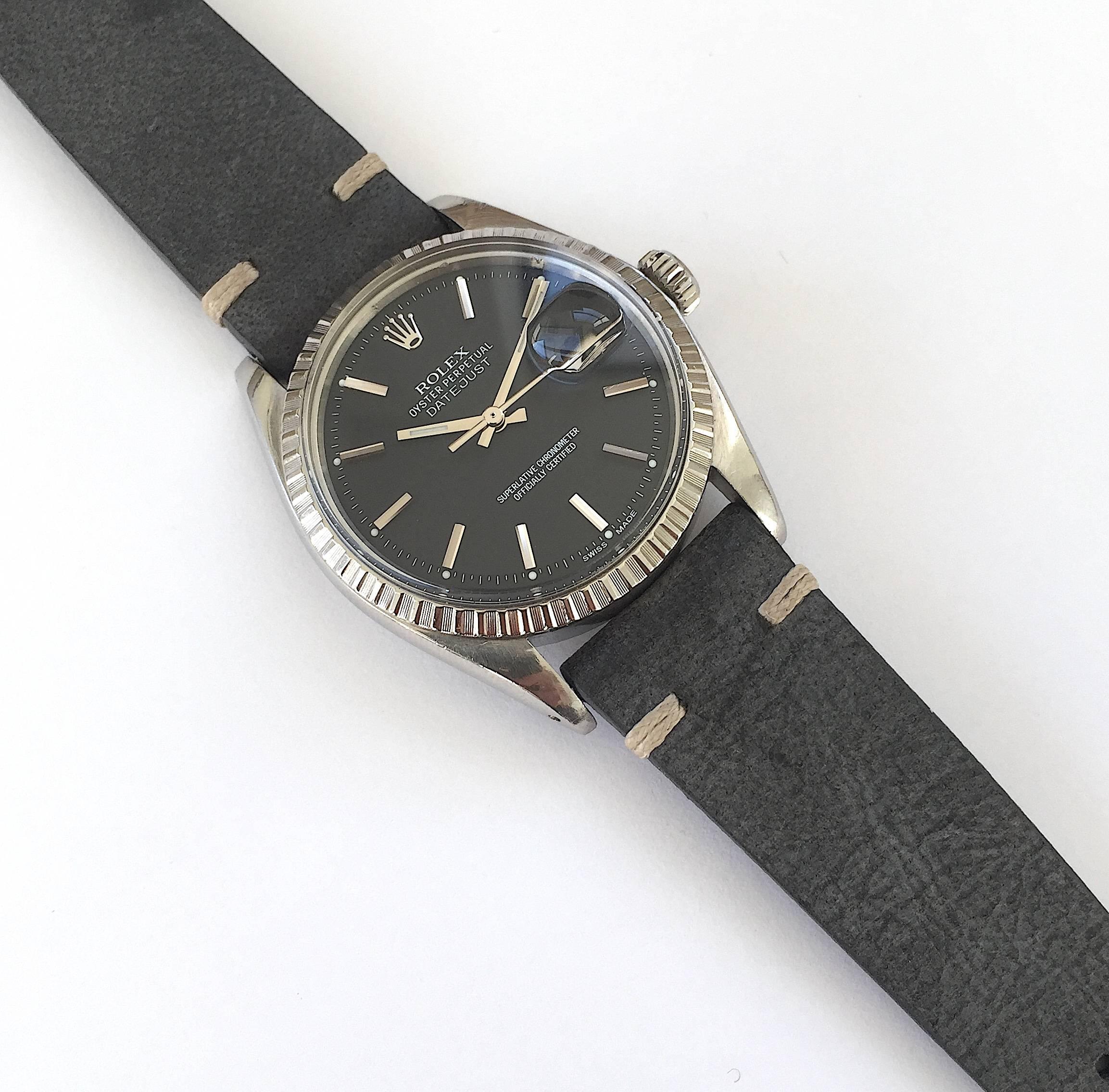 Women's or Men's Rolex Stainless Steel Black Dial Oyster Perpetual Datejust Wristwatch, 1970s