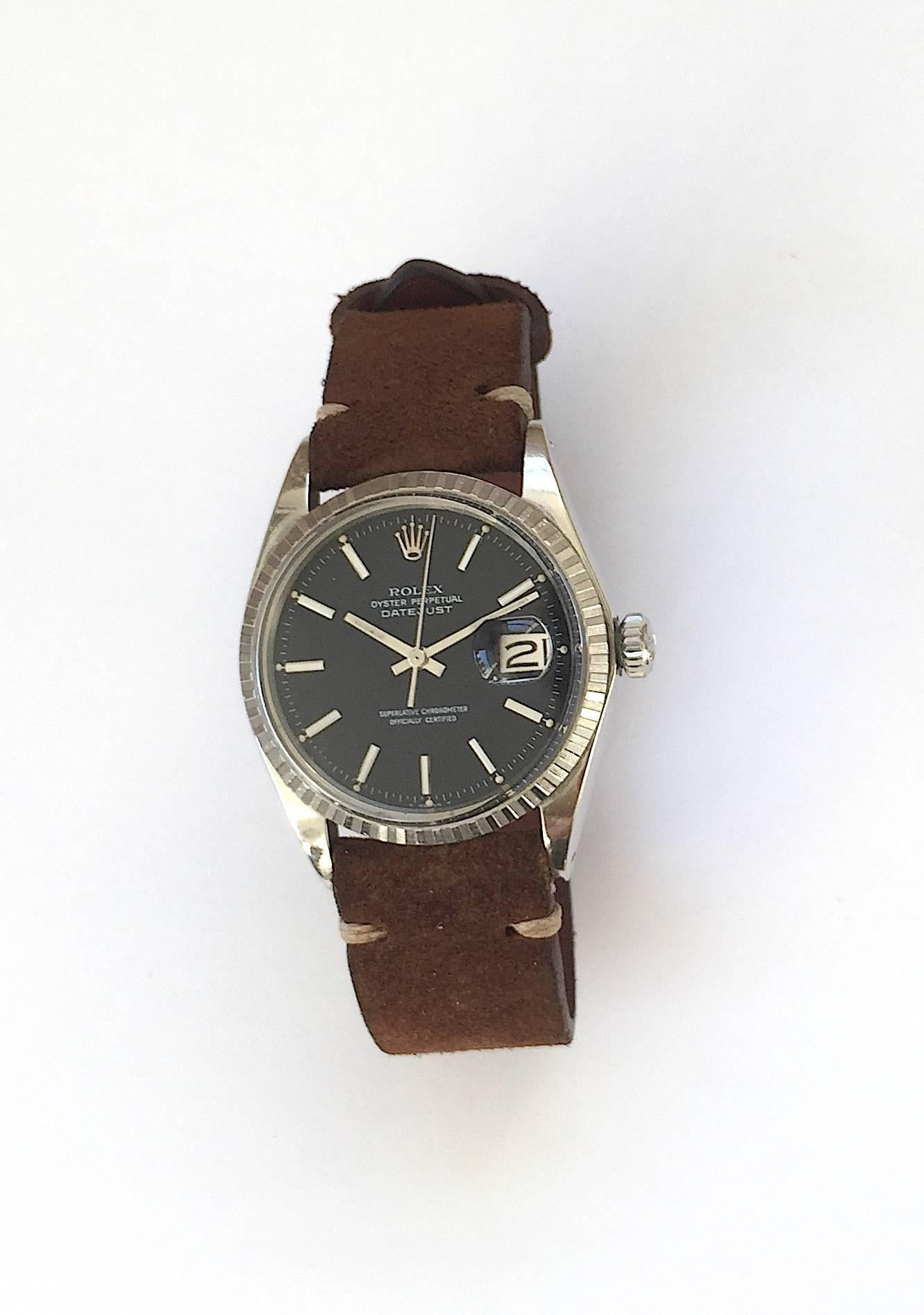 Rolex Stainless Steel Black Dial Oyster Perpetual Datejust Wristwatch, 1970s 1
