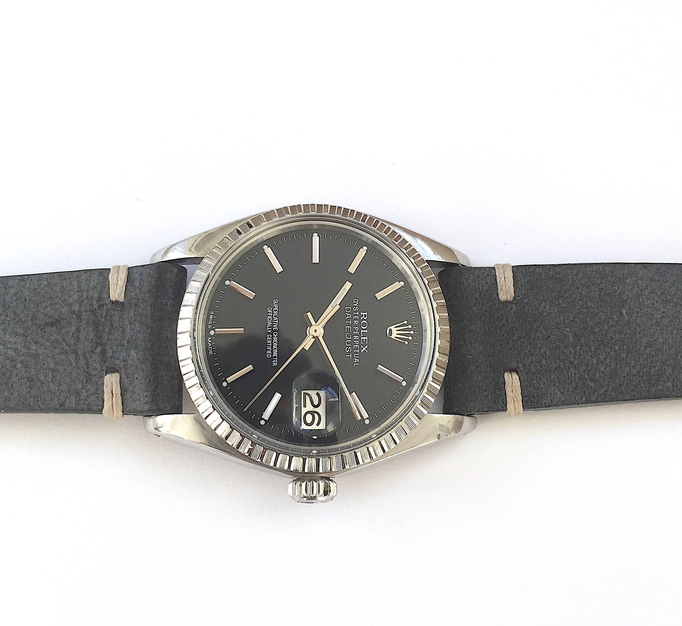 Rolex Stainless Steel Black Dial Oyster Perpetual Datejust Wristwatch, 1970s 1