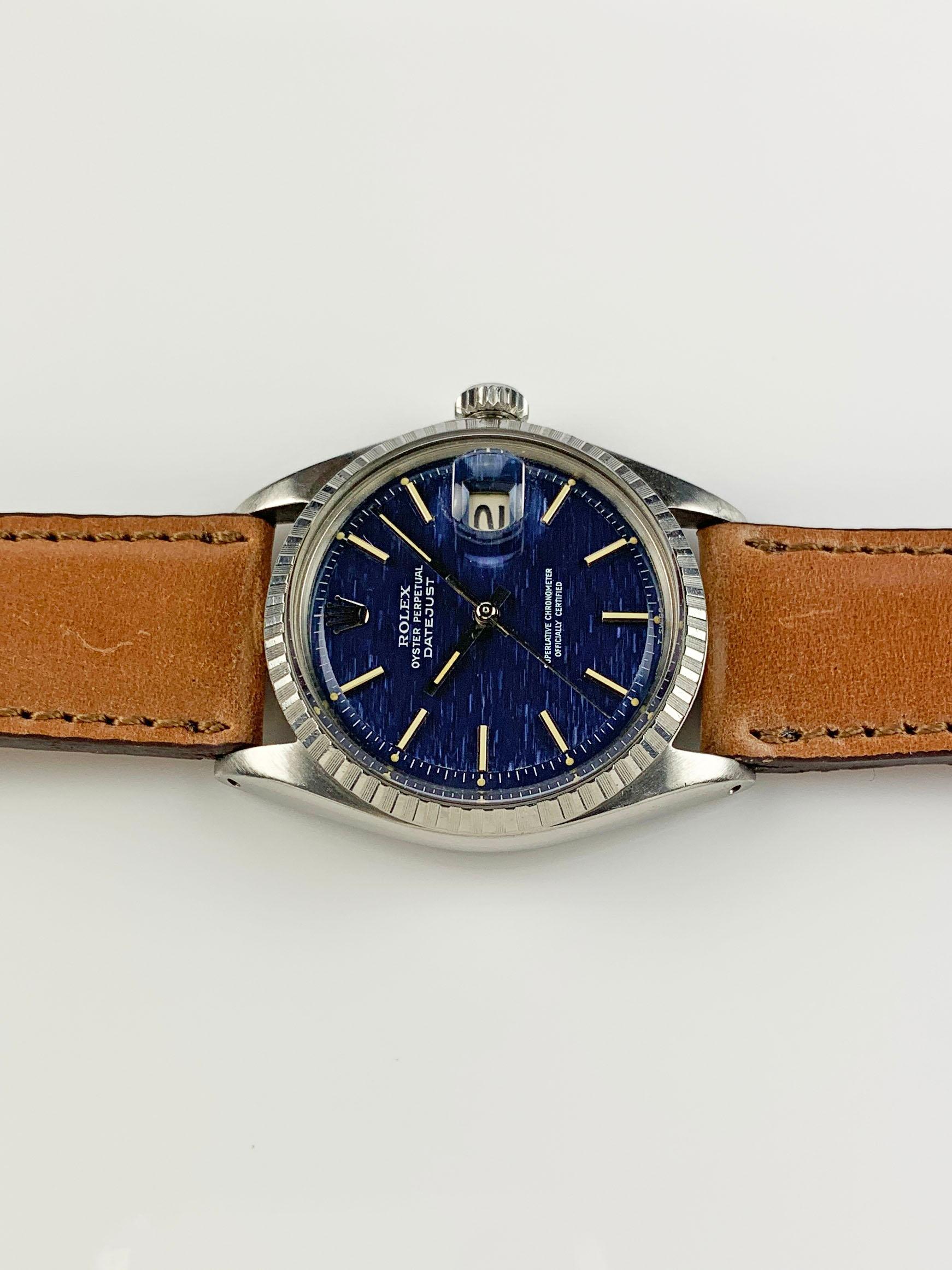 Rolex Stainless Steel Blue Brick Dial Datejust Wristwatch, 1960s In Good Condition In New York, NY
