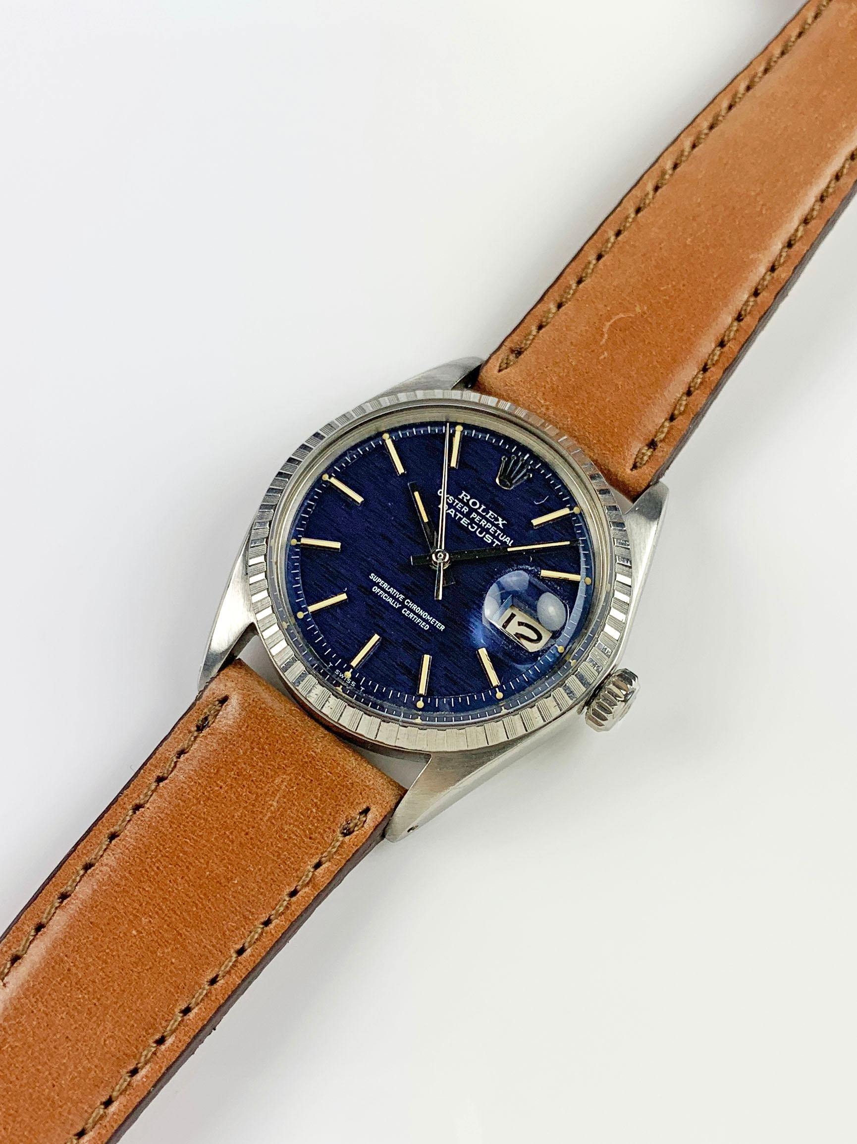 Women's or Men's Rolex Stainless Steel Blue Brick Dial Datejust Wristwatch, 1960s