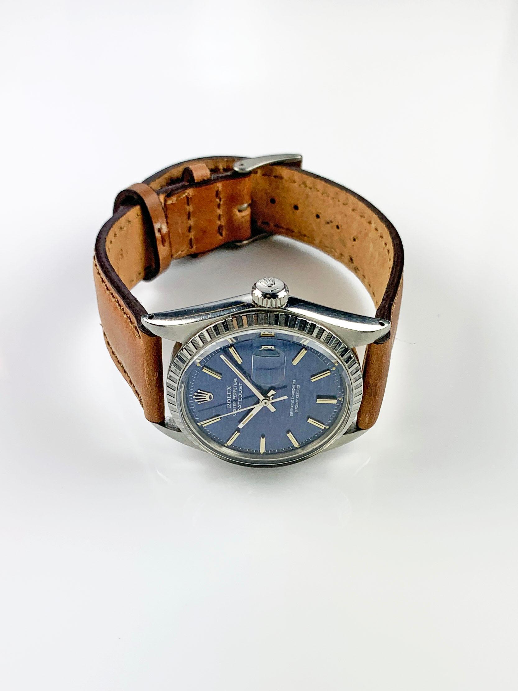 Rolex Stainless Steel Blue Brick Dial Datejust Wristwatch, 1960s 2