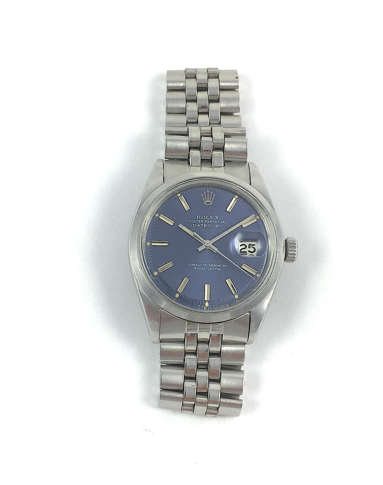 Rolex Stainless Steel Blue Dial Datejust Wristwatch, 1960s In Good Condition In New York, NY