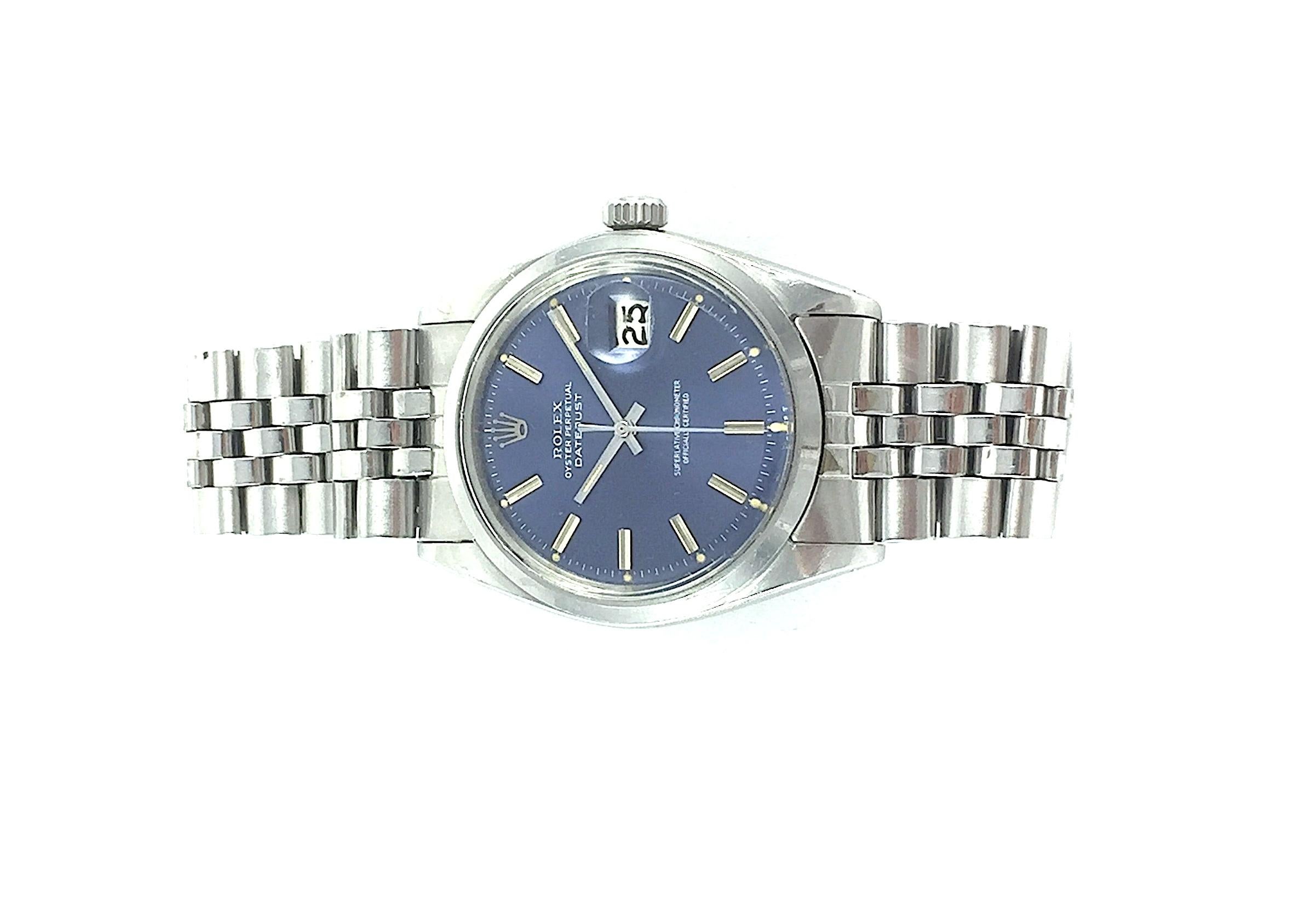 Women's or Men's Rolex Stainless Steel Blue Dial Datejust Wristwatch, 1960s