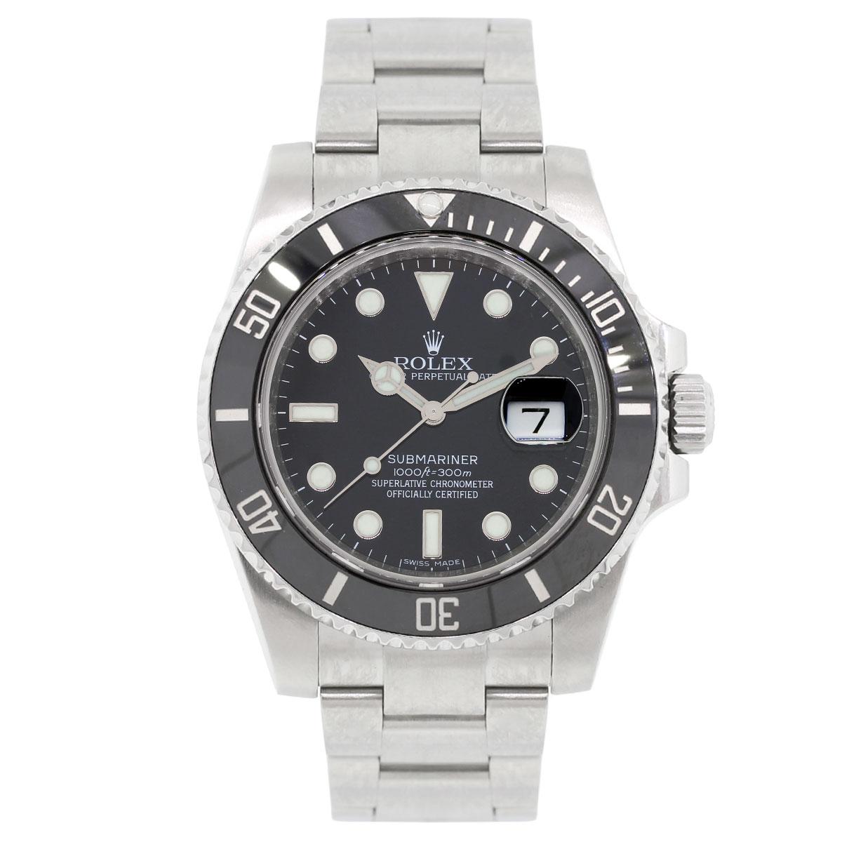 Brand: Rolex
MPN: 116610
Model: Submariner
Case Material: Stainless Steel
Case Diameter: 40mm
Crystal: Sapphire crystal
Bezel: Unidirectional ceramic black bezel
Dial: Black dial with date window at the 3 o’clock position
Bracelet: Stainless steel