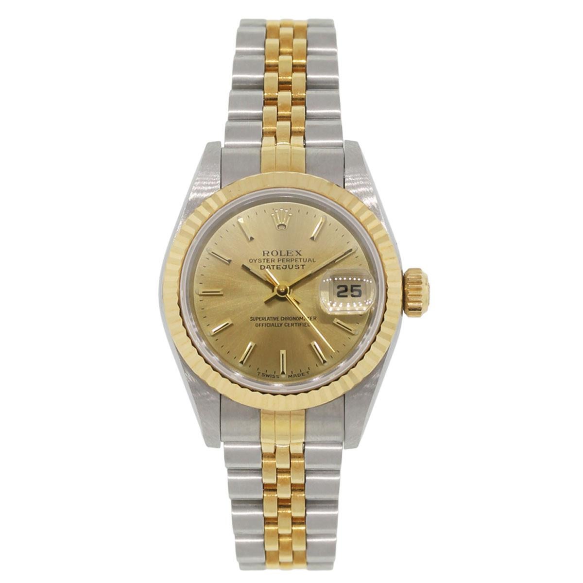 Brand: Rolex
MPN: 69173
Model: Datejust
Case Material:Stainless Steel
Case Diameter: 26mm
Crystal: Scratch resistant sapphire
Bezel: 18k Yellow Gold Fluted Bezel
Dial: Champagne stick dial with date window at the 3 o’clock position.
Bracelet: Two