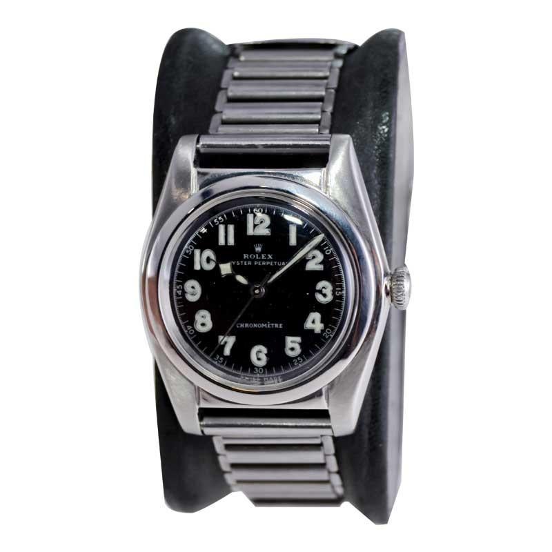 Modernist Rolex Stainless Steel Chronometer Bubbleback with Black Dial 1940's For Sale
