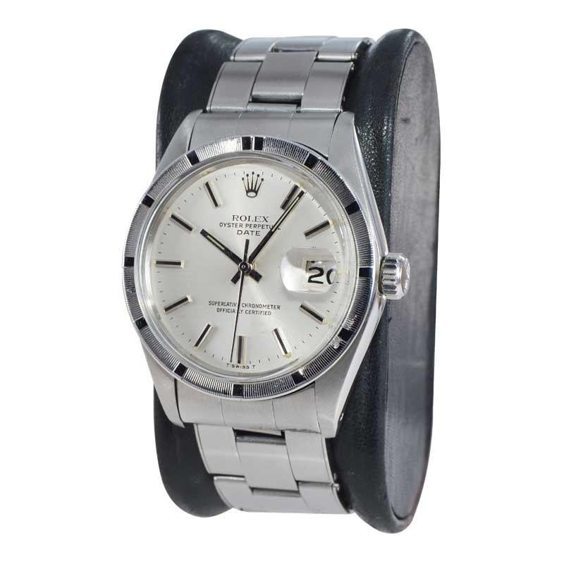FACTORY / HOUSE: Rolex Watch Co.
STYLE / REFERENCE: Oyster Perpetual Date/ Ref. 1501
METAL / MATERIAL: Stainless Steel
CIRCA / YEAR: 1972-73
DIMENSIONS / SIZE: 42mm x 34mm
MOVEMENT / CALIBER: Perpetual Winding / 26 Jewels 
DIAL / HANDS: Original