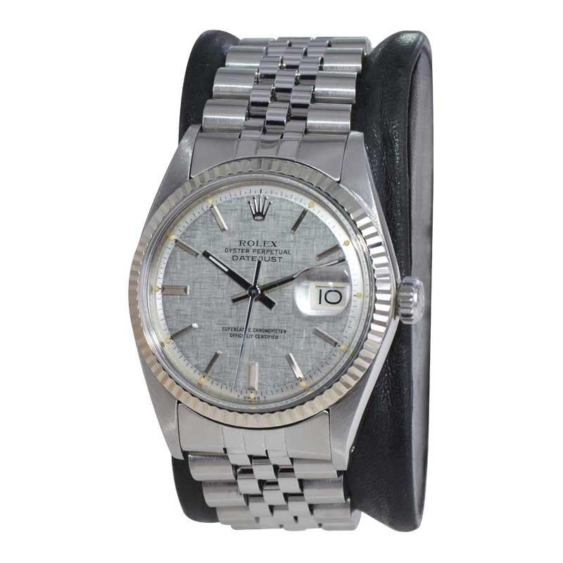 FACTORY / HOUSE: Rolex Watch Company
STYLE / REFERENCE: Datejust / Reference 1601
METAL / MATERIAL: Stainless Steel
CIRCA / YEAR: Late 1970's
DIMENSIONS / SIZE: Length 44mm x Diameter 36mm
MOVEMENT / CALIBER: Perpetual  Winding / 26 Jewels / Caliber
