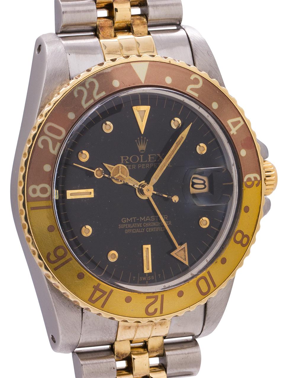 
Great looking vintage 1982 Rolex SS/14K YG GMT ref 16753 with an original gloss black nipple index dial with richly patina’d gilt luminous hands and faded bronze and gold insert. Featuring a 40mm diameter case which has been previously polished,
