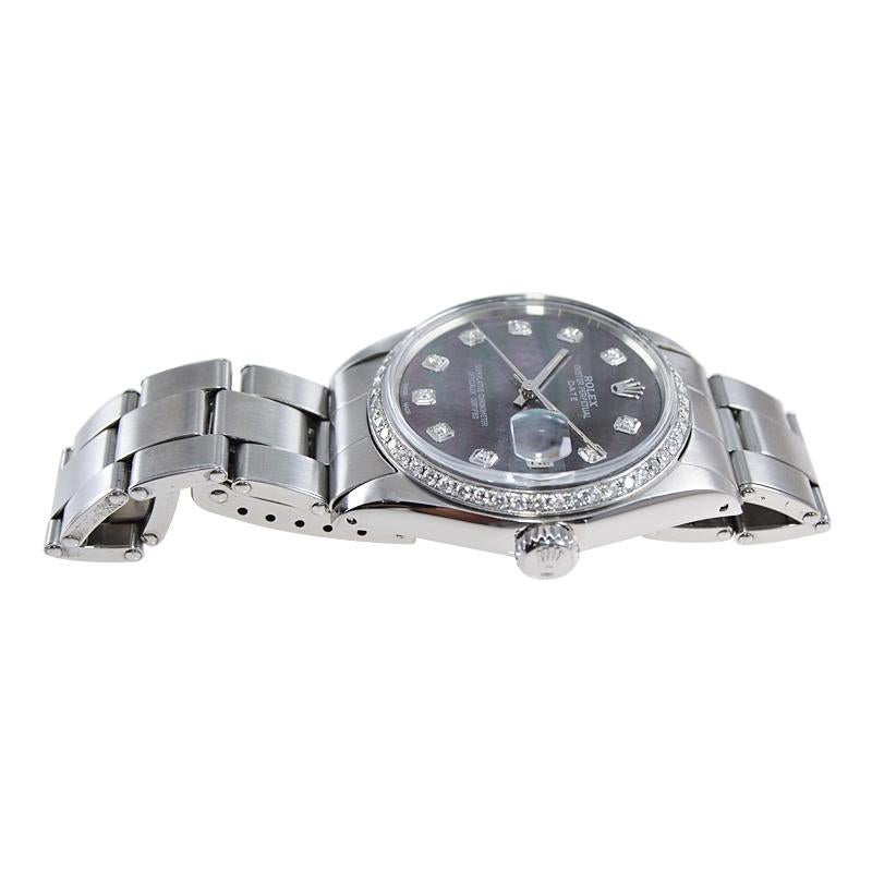 Women's or Men's Rolex Steel Oyster Perpetual Date Custom Mother of Pearl Diamond Dial and Bezel For Sale