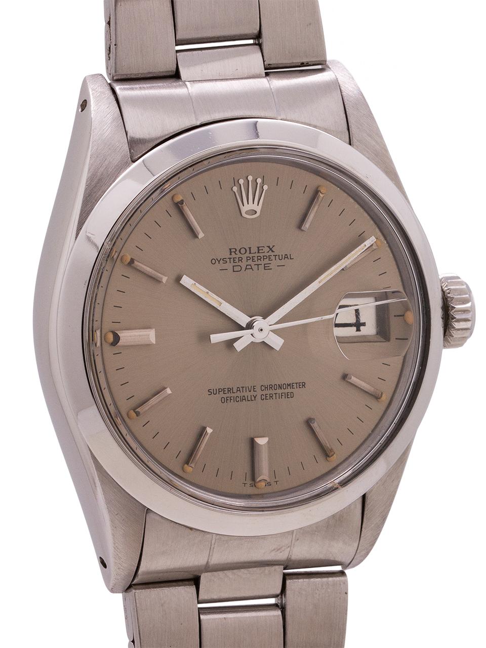 Rolex Oyster Perpetual Date ref 1500 serial # 2.5 million circa 1970. Featuring 34mm diameter stainless steel case with smooth bezel and acrylic crystal. With scarce original gray metallic dial with applied silver indexes and silver baton hands..