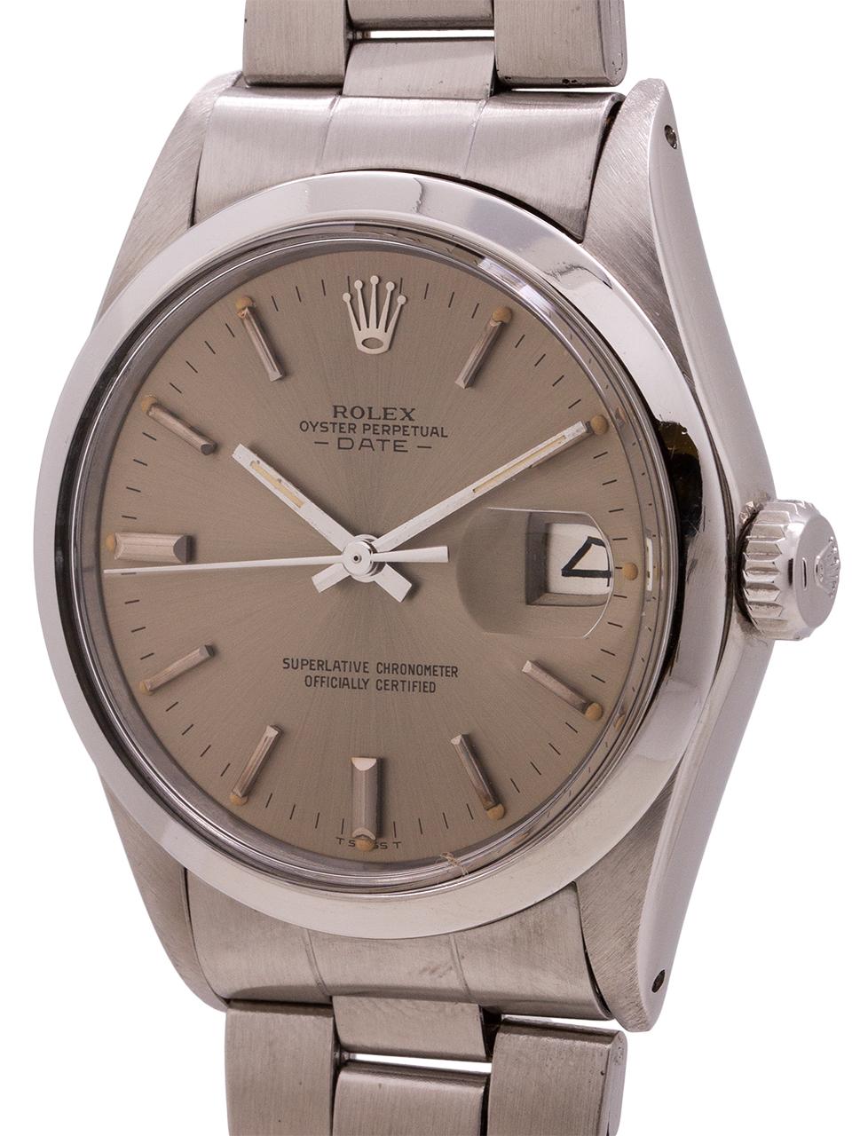 Rolex stainless steel Date Gray Dial self winding Wristwatch Ref 1500, c 1970 In Excellent Condition In West Hollywood, CA