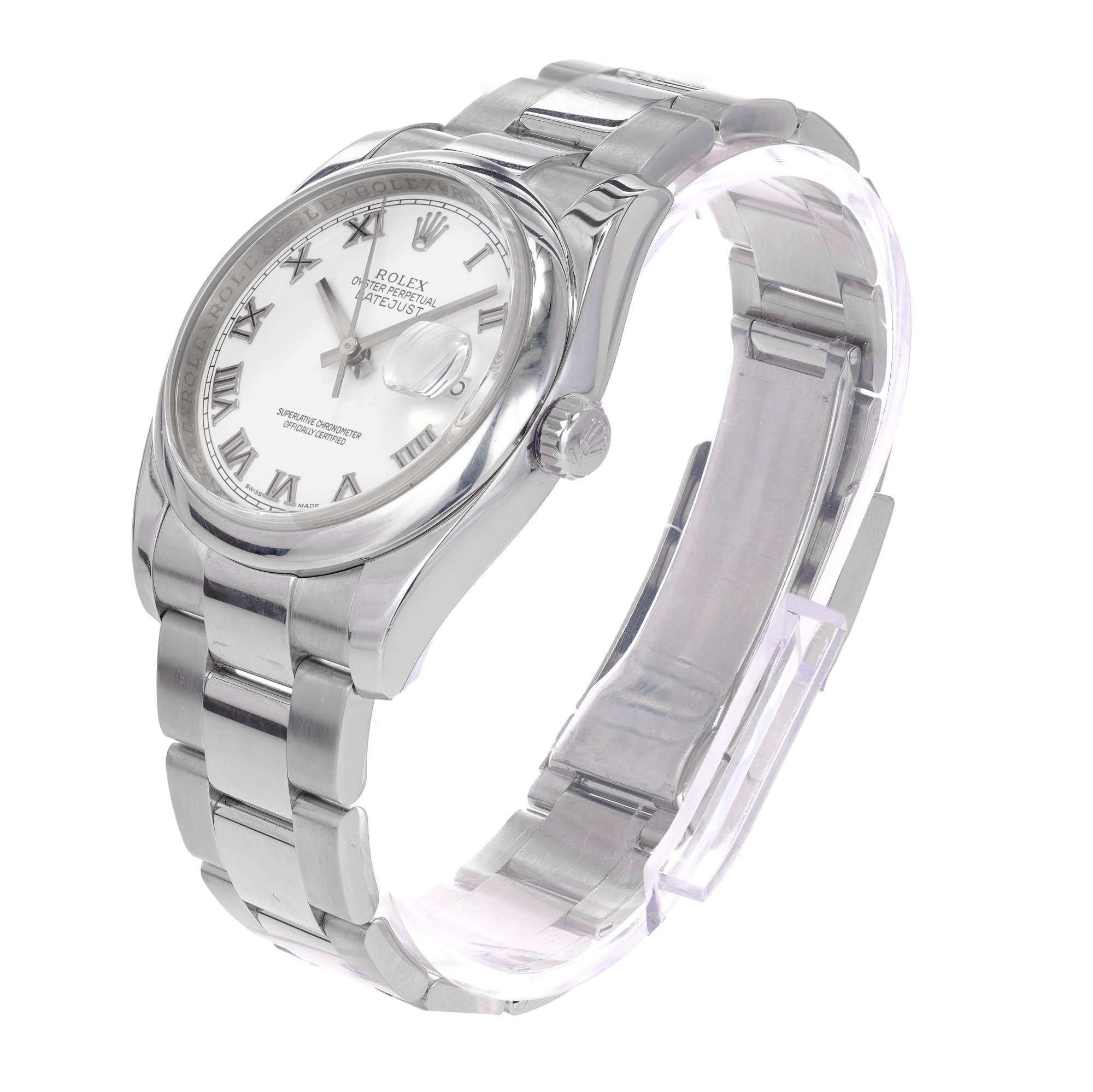 Men's stainless steel date just Rolex wristwatch with white dial and Roman numerals.

Case Dimensions: 36mm
Length: 8 inches
Band Width at Case: 9.5mm
Band: Stainless Steel Oyster
Crystal: sapphire
Dial: white and Roman numerals
Inside Case: Inner