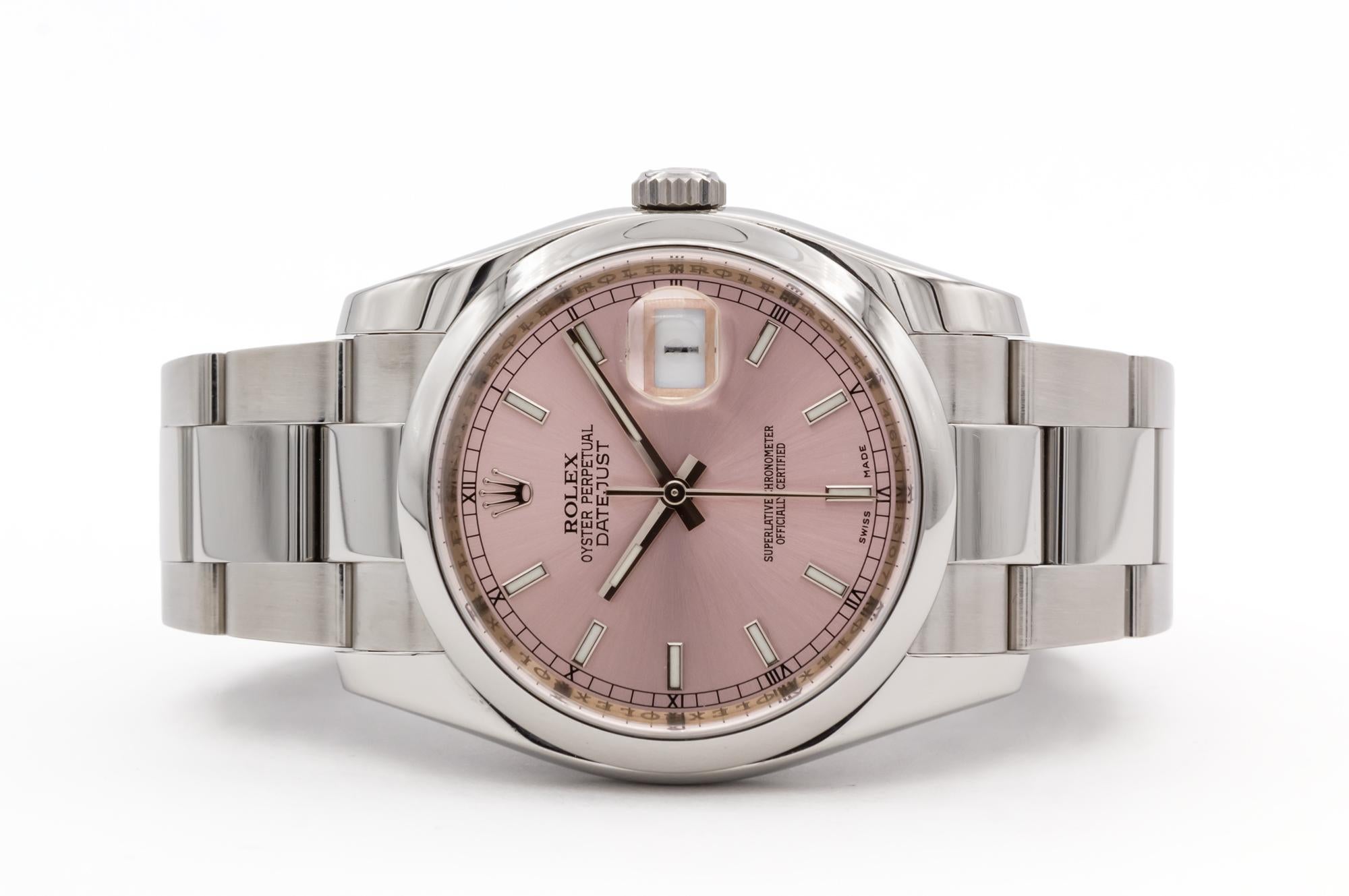 We are pleased to offer this Rolex Stainless Steel Datejust 116200. This classic Rolex Datejust features a 36mm stainless steel case, stainless steel smooth bezel, rare and discontinued Rolex Original pink stick dial, engraved inner bezel and