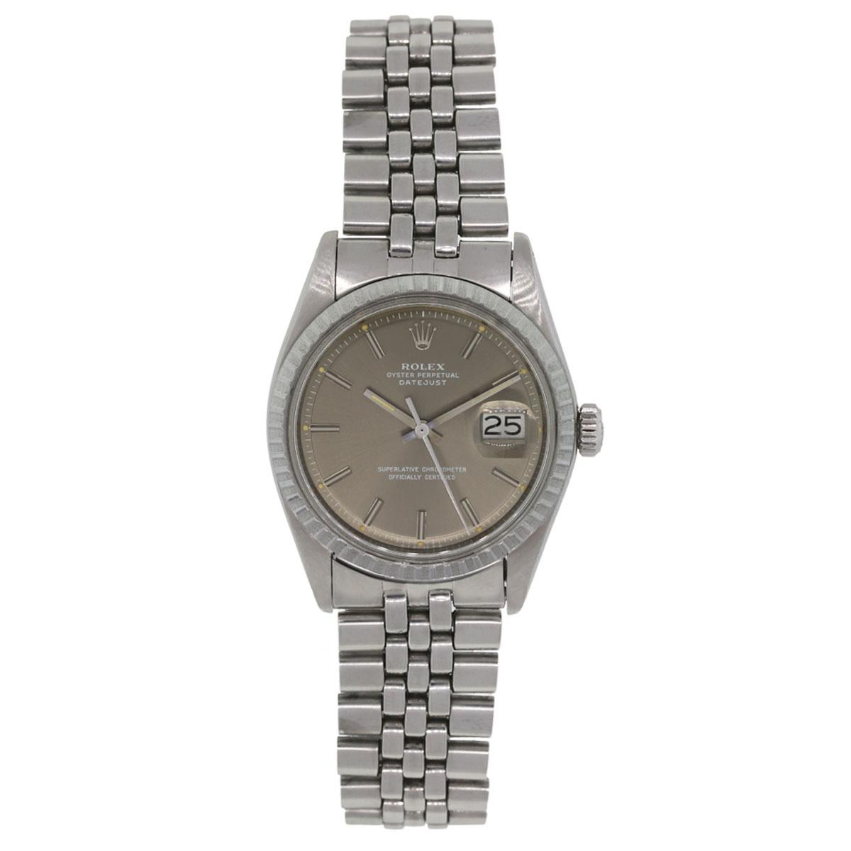 Brand: Rolex
MPN: 1601
Model: Datejust
Case Material: 
Case Diameter: 36mm
Crystal: Plastic
Bezel: Engine turned bezel
Dial: Silvered dial with date window at the 3 o’clock position
Bracelet: Stainless steel jubilee band
Size: Will fit a 8″