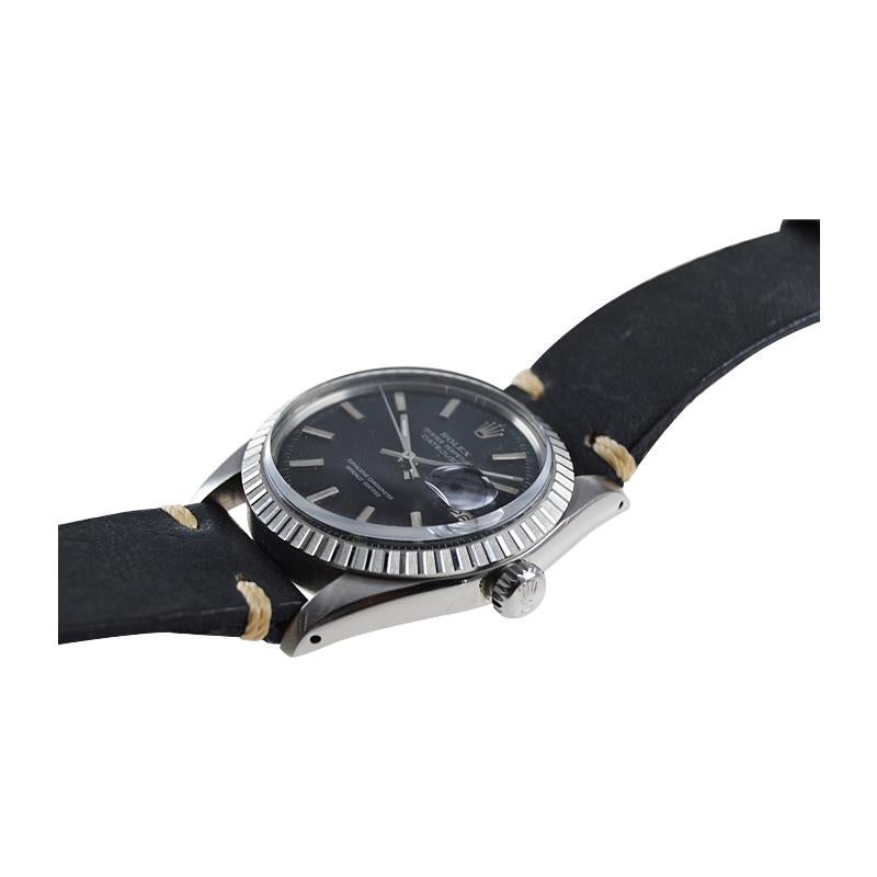 Bracelet Jubilee de Rolex en acier inoxydable et cadran noir Datejust, début des années 1970 en vente 2