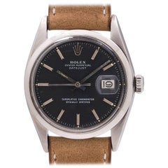 Vintage Rolex Stainless Steel Datejust Black Pie Pan Dial Self Winding Wristwatch, c1963