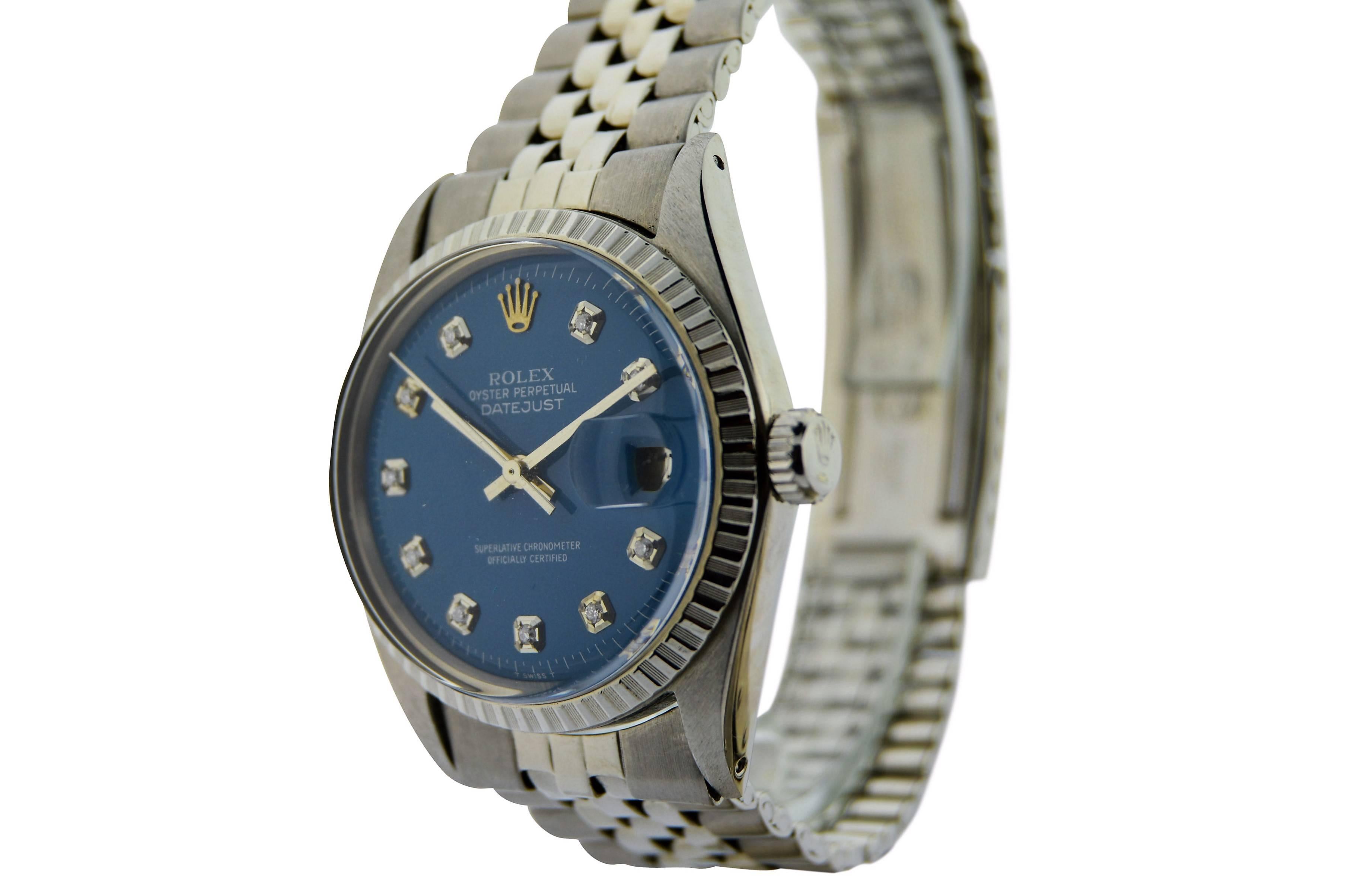 FACTORY / HOUSE: Rolex Watch Company
STYLE / REFERENCE: Datejust / Reference 1601 
METAL / MATERIAL: Stainless Steel 
DIMENSIONS: Length 44mm  X Diameter 38mm
CIRCA: 1970's
MOVEMENT / CALIBER: 26 Jewels / Caliber 1570
DIAL / HANDS: Blue Diamond