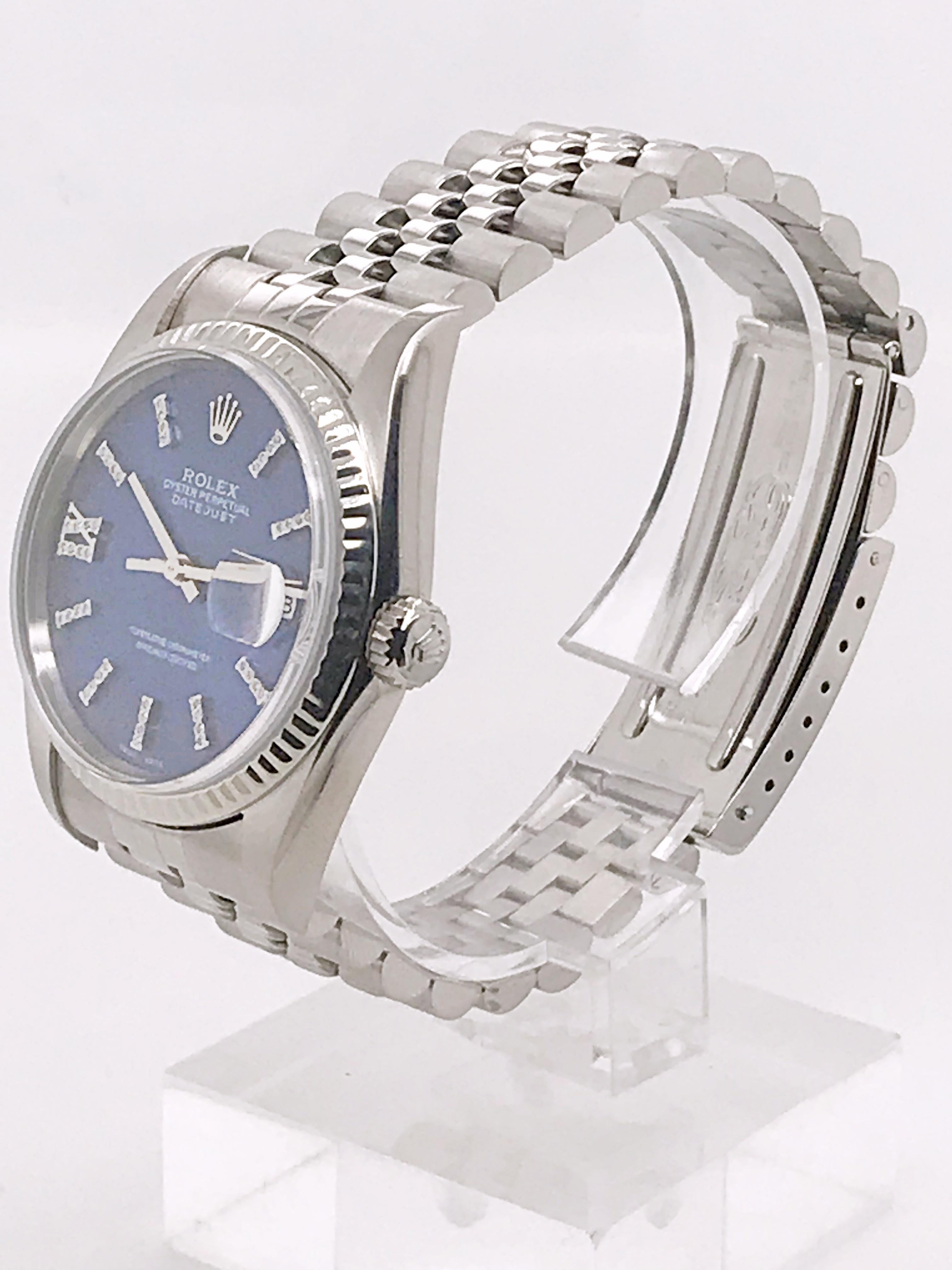 36mm Rolex Datejust with Blue Diamond Dial, Stainless Steel Jubilee Bracelet, and original box and papers. Circa 2000 

Serial number: P2*****
Model Number: 16220

This timepiece was recently serviced and authenticated by a Rolex certified